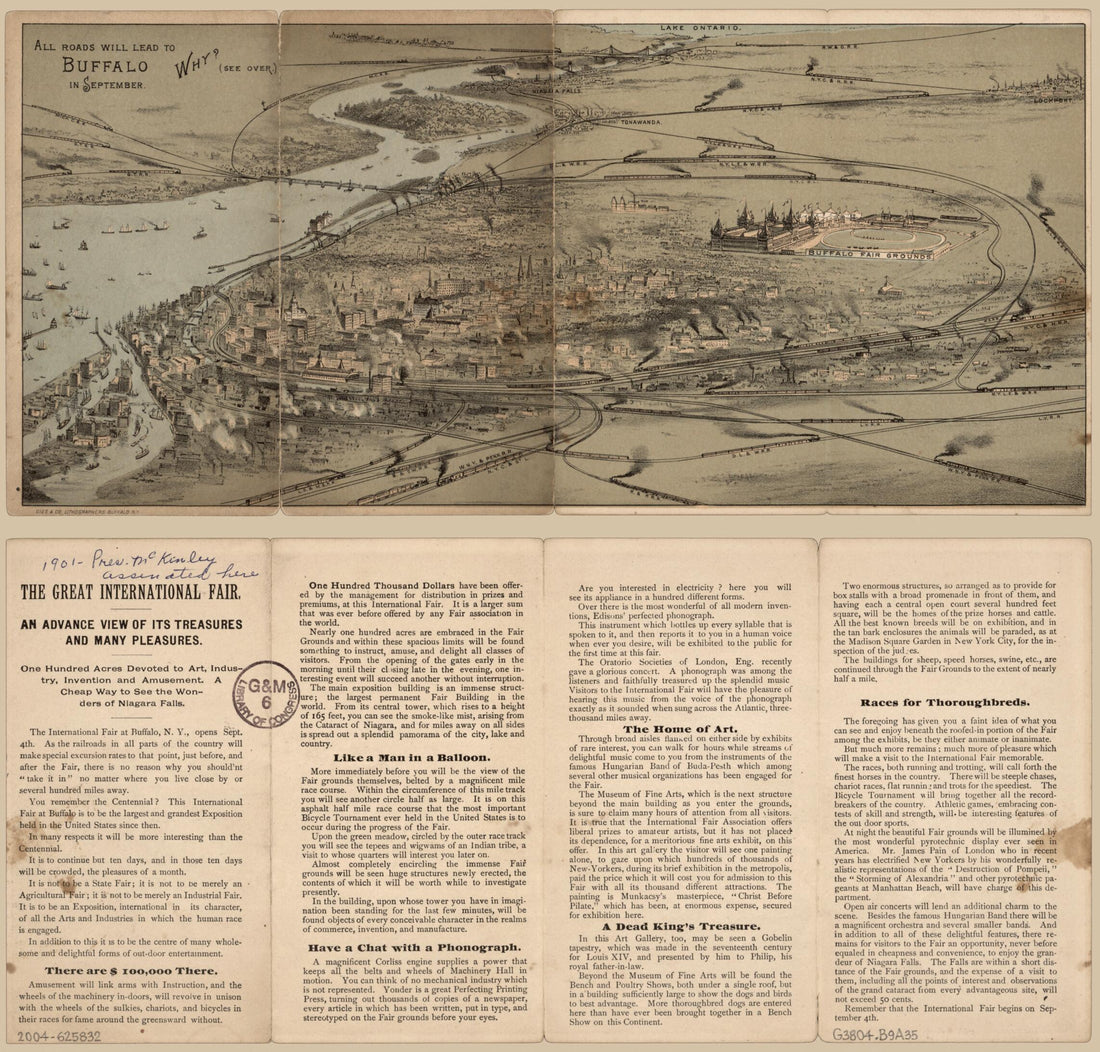 This old map of All Roads Will Lead to Buffalo In September. (Great International Fair :) from 1888 was created by Gies & Co, International Industrial Fair in 1888