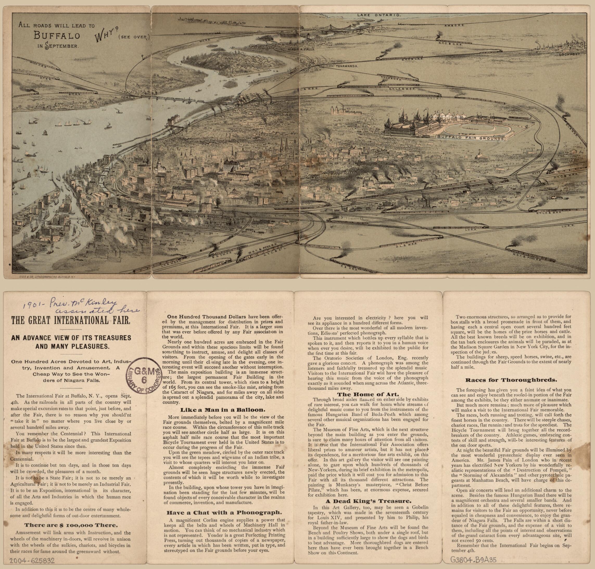 This old map of All Roads Will Lead to Buffalo In September. (Great International Fair :) from 1888 was created by Gies & Co, International Industrial Fair in 1888