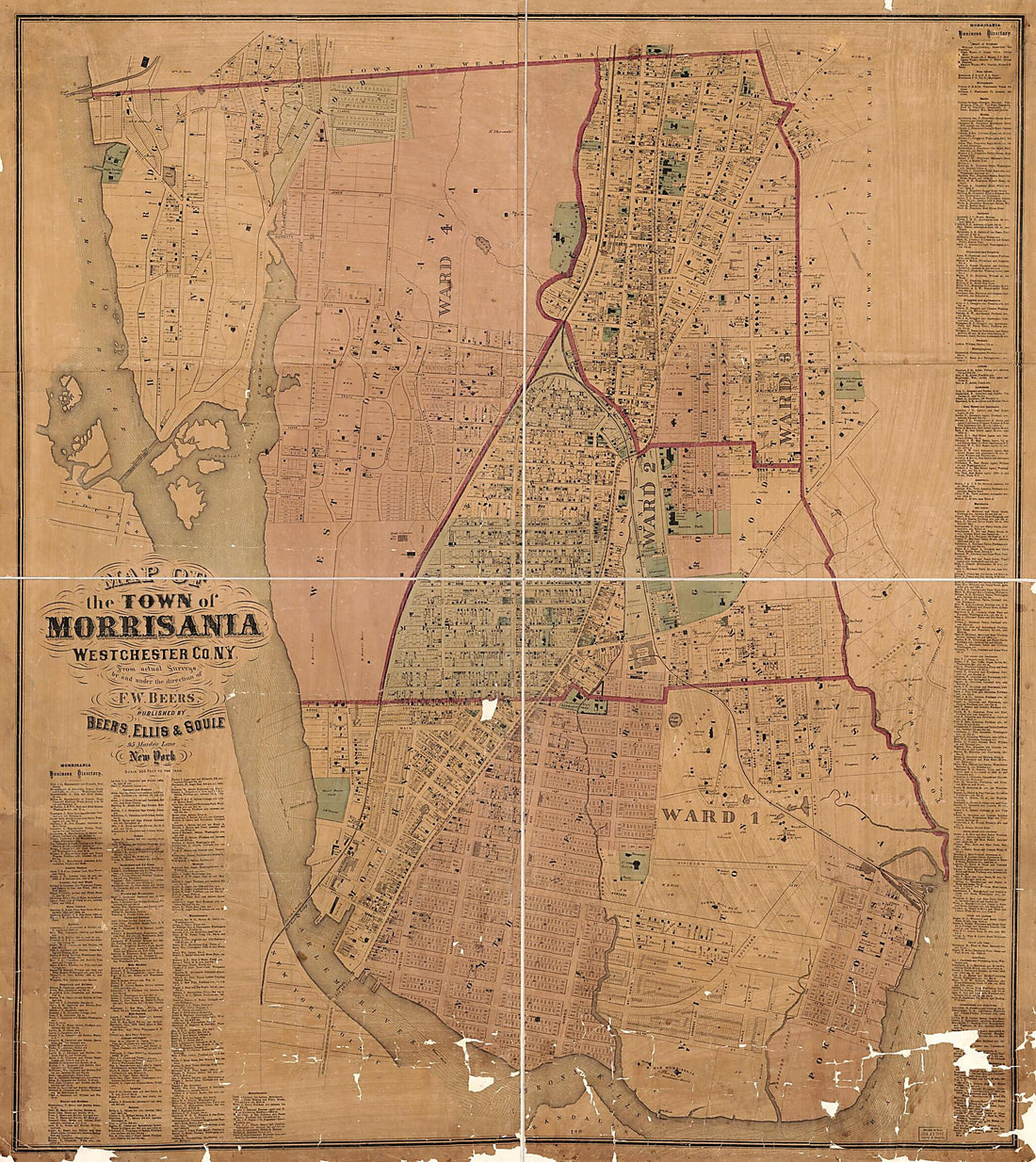 This old map of Map of the Town of Morrisania, Westchester County New York from 1865 was created by Ellis & Soule Beers, F. W. (Frederick W.) Beers in 1865