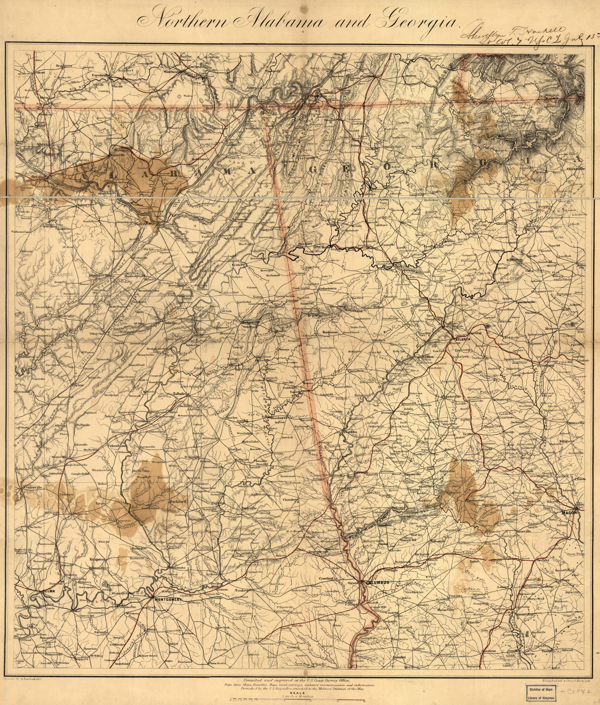 This old map of Northern Alabama and Georgia (Map of Alabama & Georgia) from 1864 was created by Charles G. Krebs, A. Lindenkohl, H. (Henry) Lindenkohl, United States Coast Survey in 1864