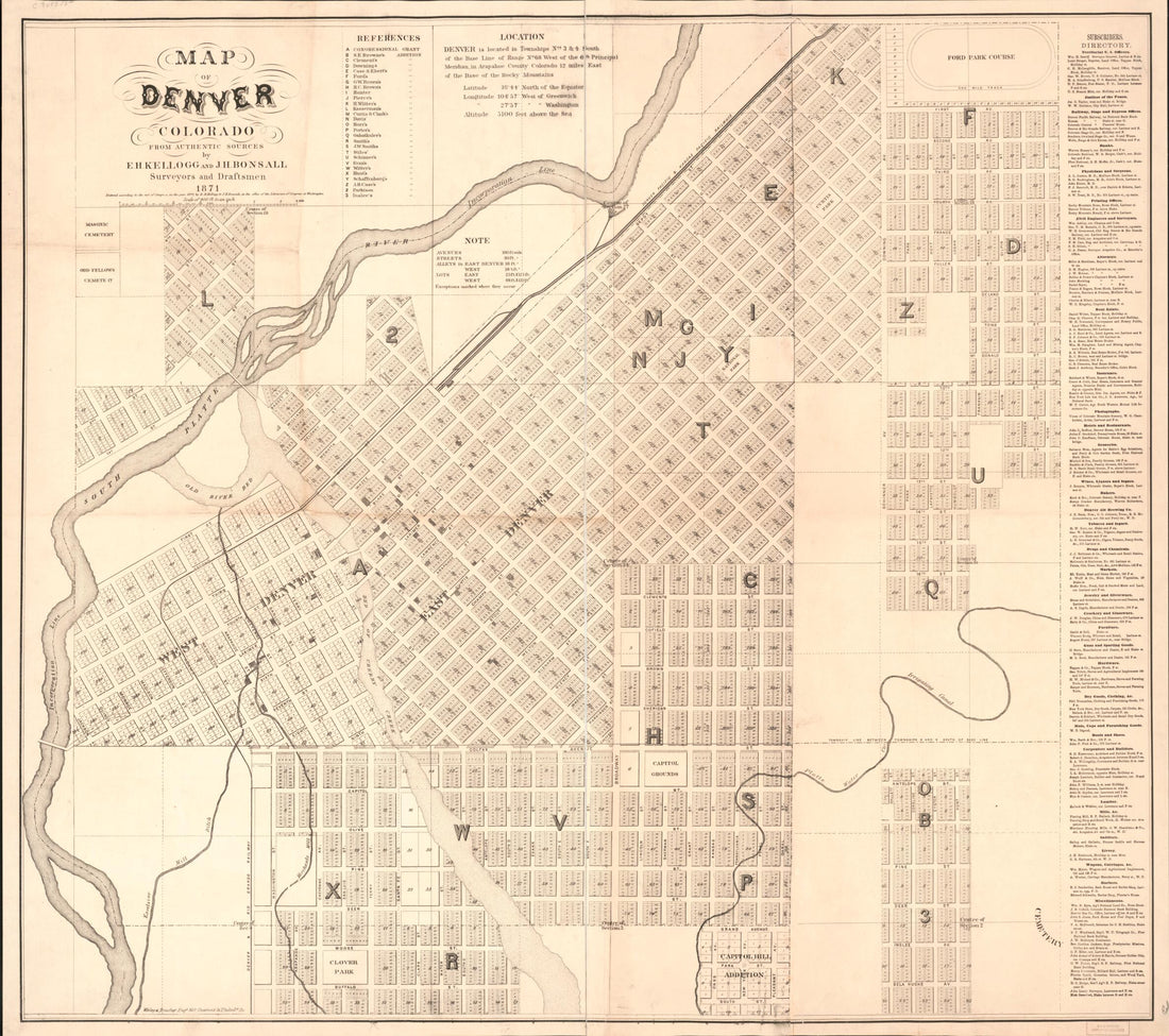 This old map of Map of Denver, Colorado : from Authentic Sources from 1871 was created by J. H. (Joseph H.) Bonsall, E. H. Kellogg, Worley & Bracher in 1871