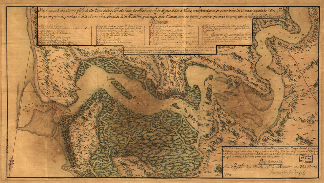 This old map of Plano Numero 1. De La Barra, Y Rio De San Juan Desde Su Entrada Hasta Dos Millas Mas Arriba Del Paso De San Nicolas, Manifestandose En Su Curso Todos Los Baxos, Sacatales, Caños, Y Ys. Las Que Comprehende, Y Tambien La De La Barra Chica,