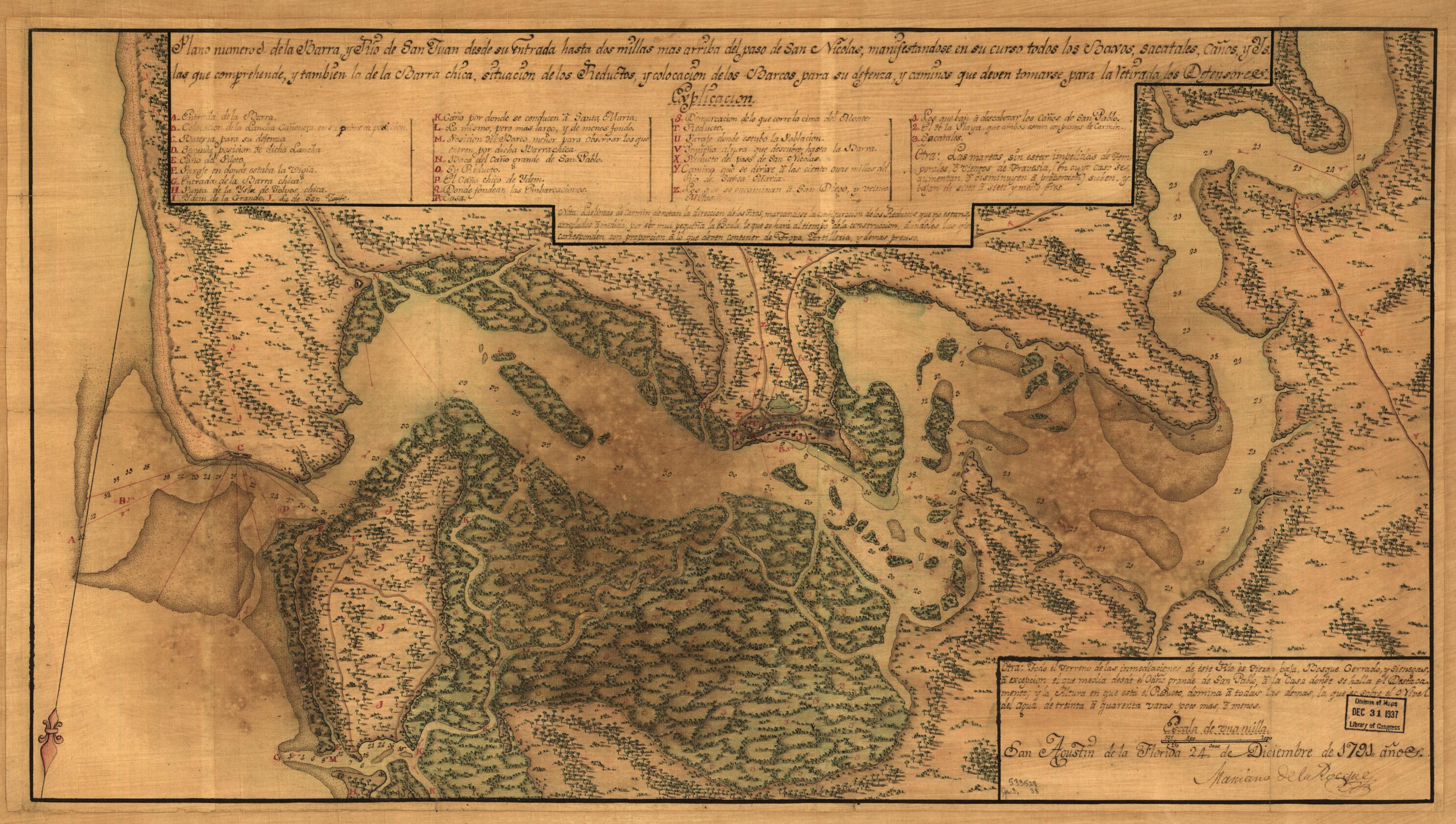 This old map of Plano Numero 1. De La Barra, Y Rio De San Juan Desde Su Entrada Hasta Dos Millas Mas Arriba Del Paso De San Nicolas, Manifestandose En Su Curso Todos Los Baxos, Sacatales, Caños, Y Ys. Las Que Comprehende, Y Tambien La De La Barra Chica,