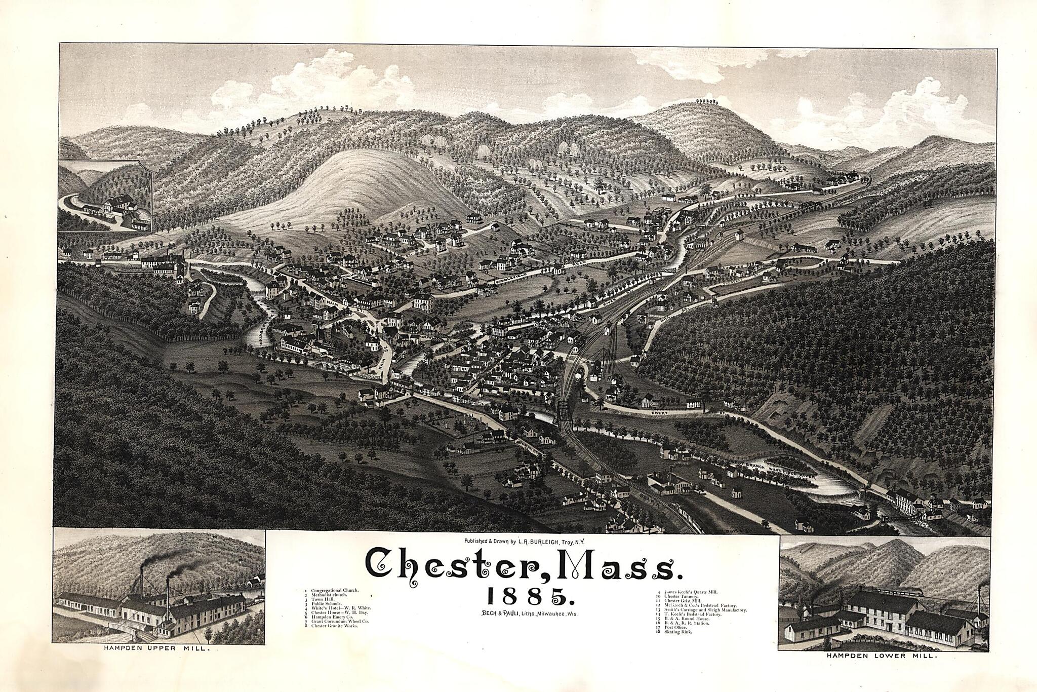 This old map of Chester, Massachusetts, from 1885 was created by Beck & Pauli, L. R. (Lucien R.) Burleigh in 1885
