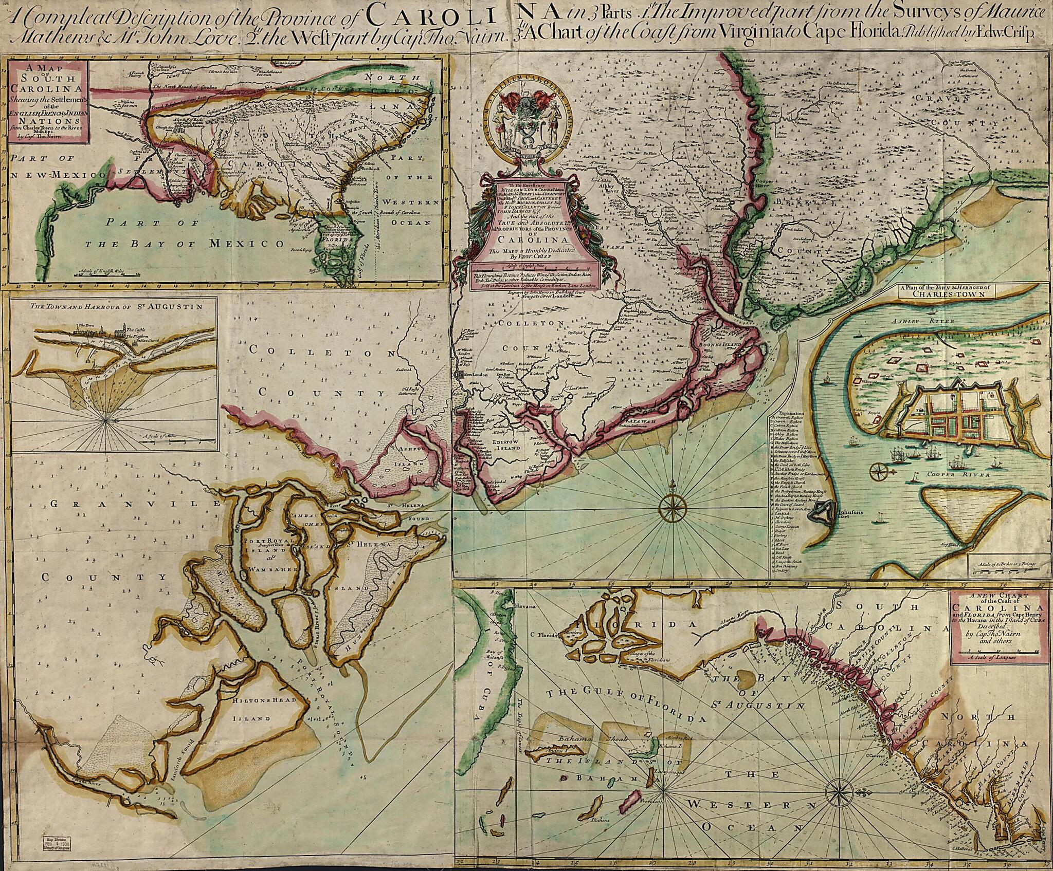 This old map of A Compleat Description of the Province of Carolina In 3 Parts : 1st, the Improved Part from the Surveys of Maurice Mathews & Mr. John Love : 2ly, the West Part by Capt. Tho. Nairn : 3ly, a Chart of the Coast from Virginia to Cape Florida