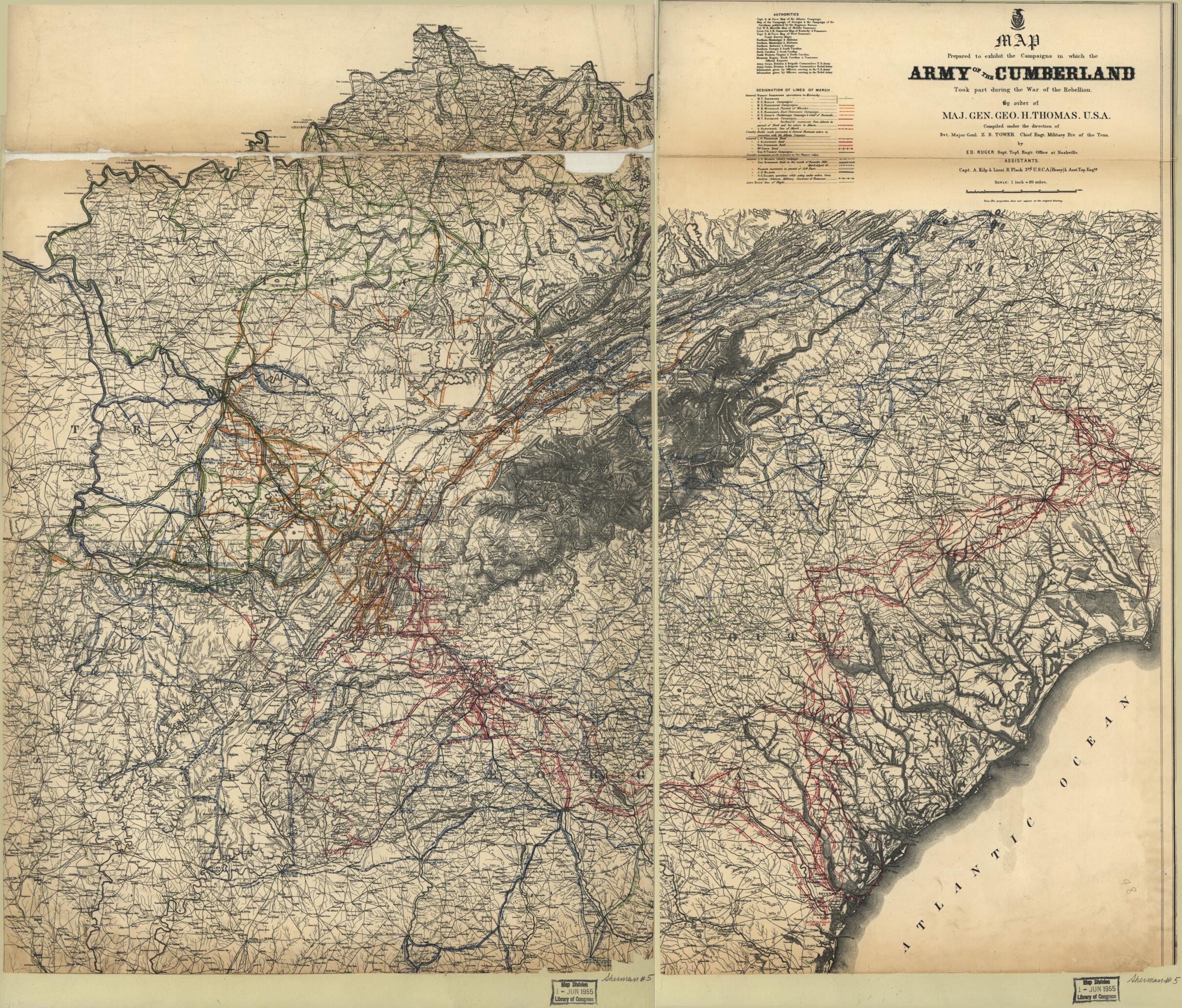 This old map of Map Prepared to Exhibit the Campaigns In Which the Army of the Cumberland Took Part During the War of the Rebellion from 1865 was created by R. Flach, Anton Kilp, Edward Ruger, George H. (George Henry) Thomas, Z. B. (Zealous Bates) Tower