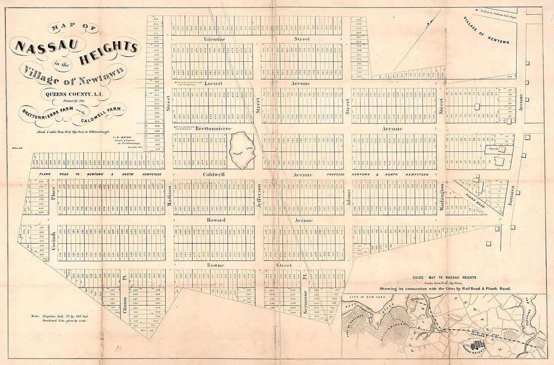 This old map of Map of Nassau Heights In the Village of Newtown, Queens County, L.I. : Formerly the Brettonnierre Farm, Now the Caldwall Farm : About 4 Miles from Peck Slip Ferry In Williamsburgh from 1853 was created by J. Barnitz (Jacob Barnitz) Bacon