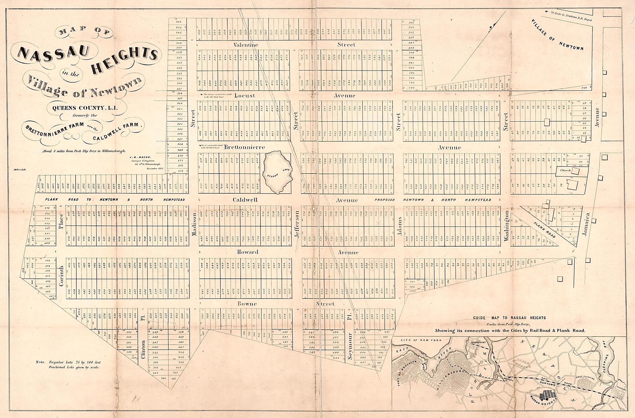 This old map of Map of Nassau Heights In the Village of Newtown, Queens County, L.I. : Formerly the Brettonnierre Farm, Now the Caldwall Farm : About 4 Miles from Peck Slip Ferry In Williamsburgh from 1853 was created by J. Barnitz (Jacob Barnitz) Bacon