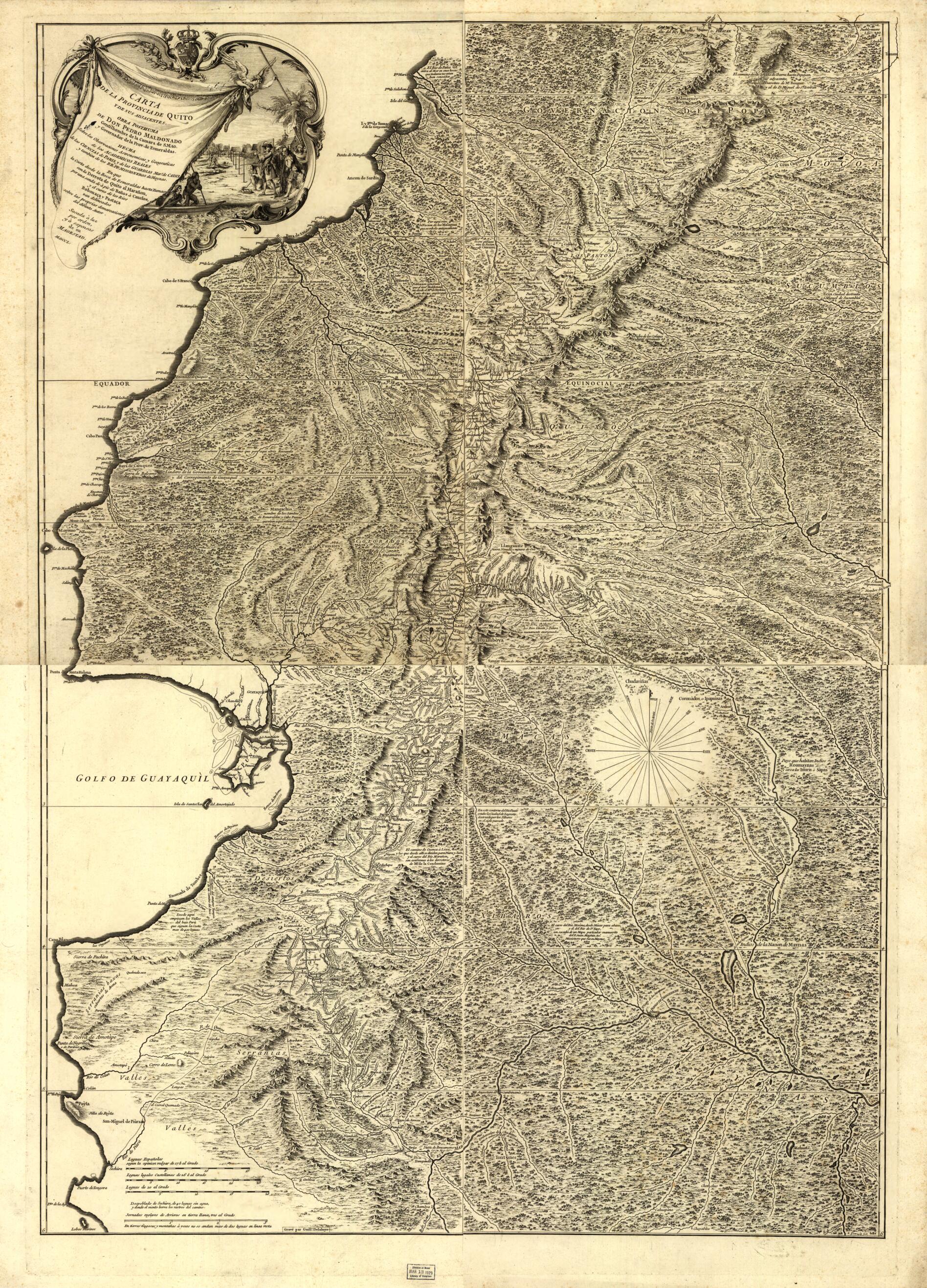 This old map of Carta De La Provincia De Quito Y De Sus Adjacentes from 1750 was created by Nicholas Guérard, G. De La Haye, Pedro (Pedro Vicente) Maldonado in 1750