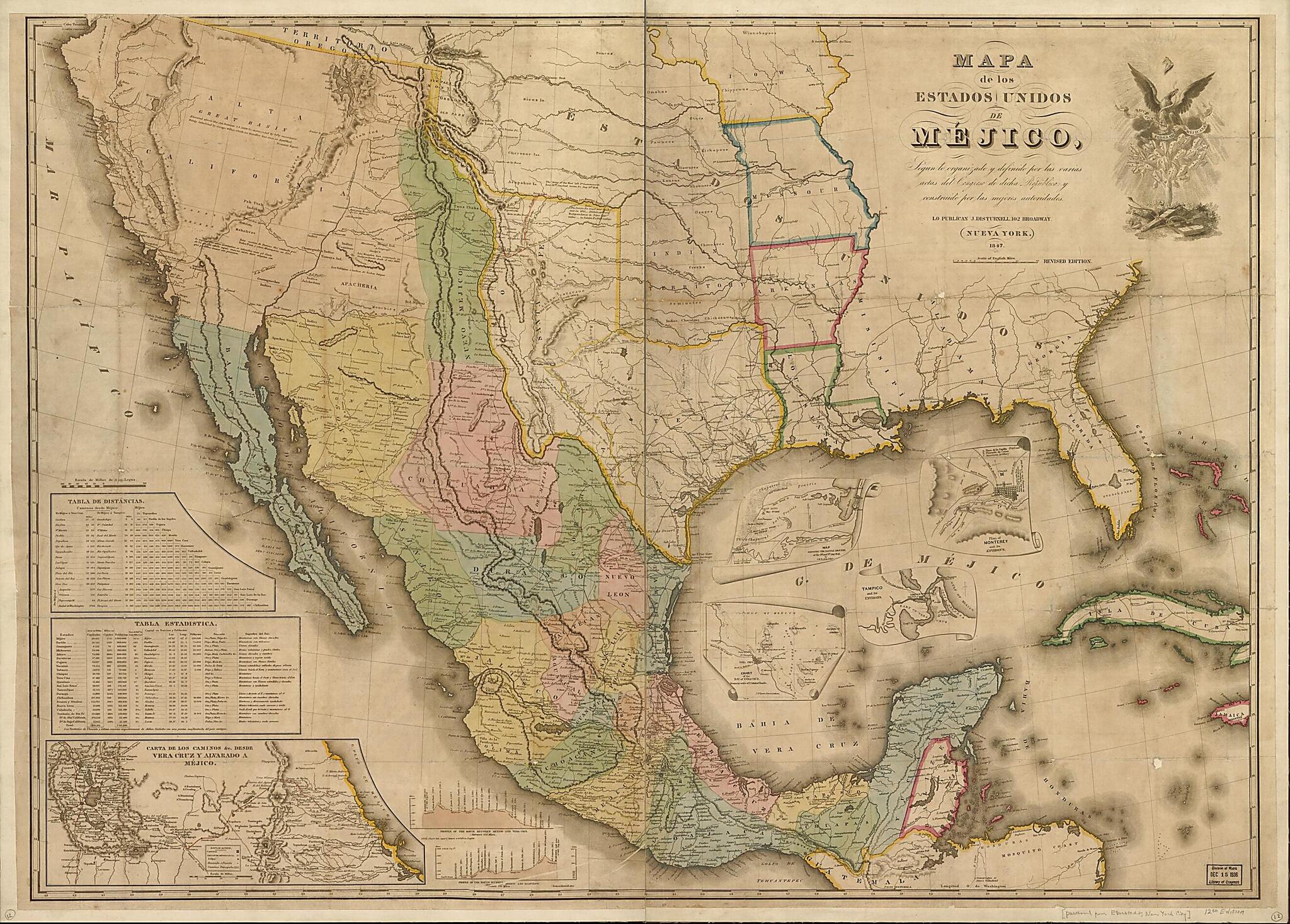 This old map of Mapa De Los Estados Unidos De Méjico : Segun Lo Organizado Y Definido Por Las Varias Actas Del Congreso De Dicha Républica Y Construido Por Las Mejores Autoridades from 1847 was created by John Disturnell in 1847