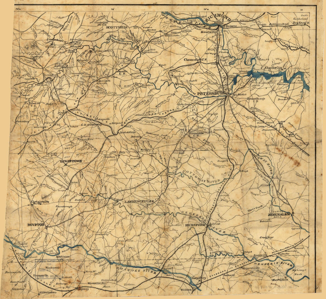 This old map of South Central Virginia Showing Lines of Transportation from 1864 was created by United States. War Department. Engineer Bureau in 1864