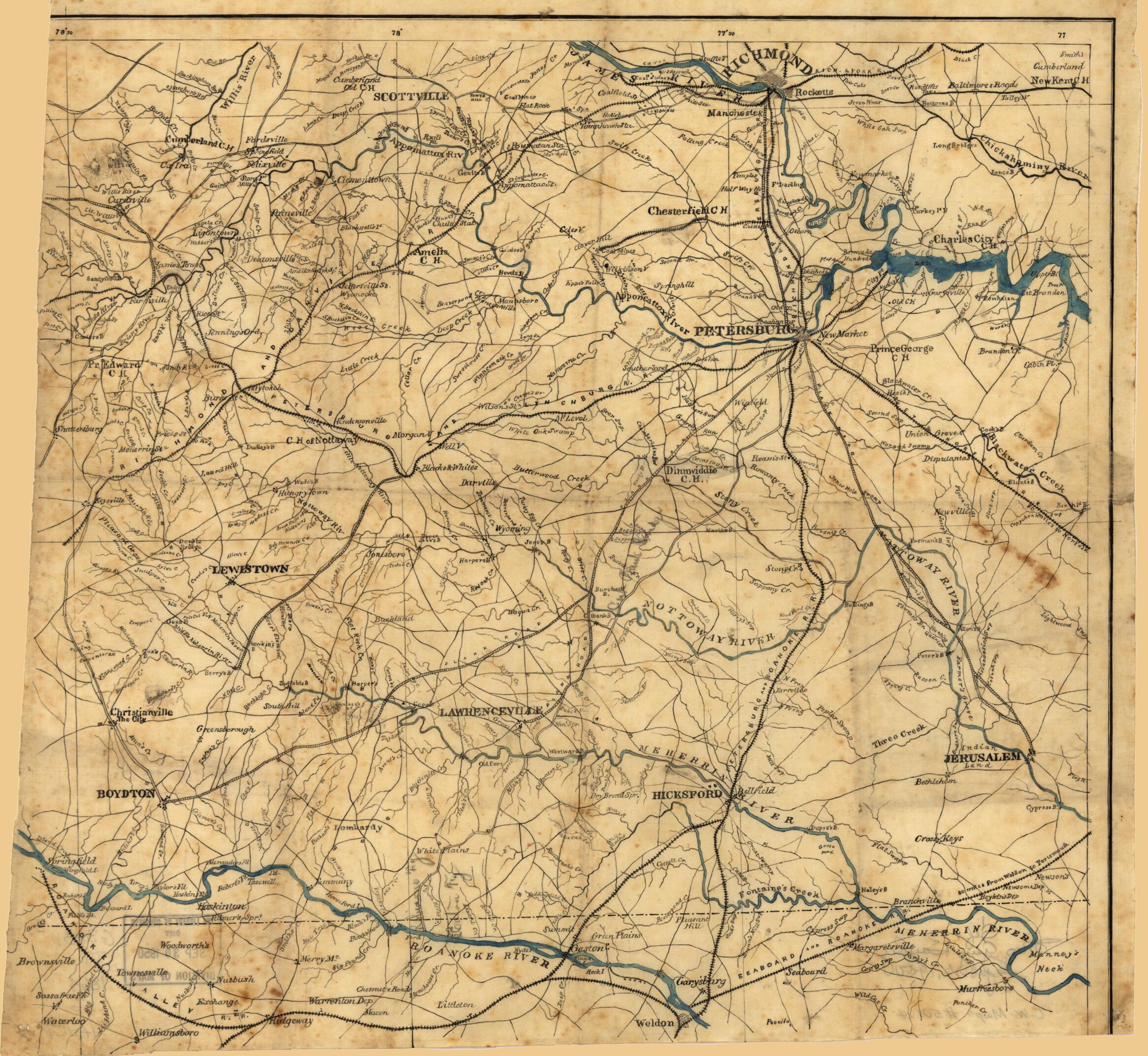 This old map of South Central Virginia Showing Lines of Transportation from 1864 was created by United States. War Department. Engineer Bureau in 1864