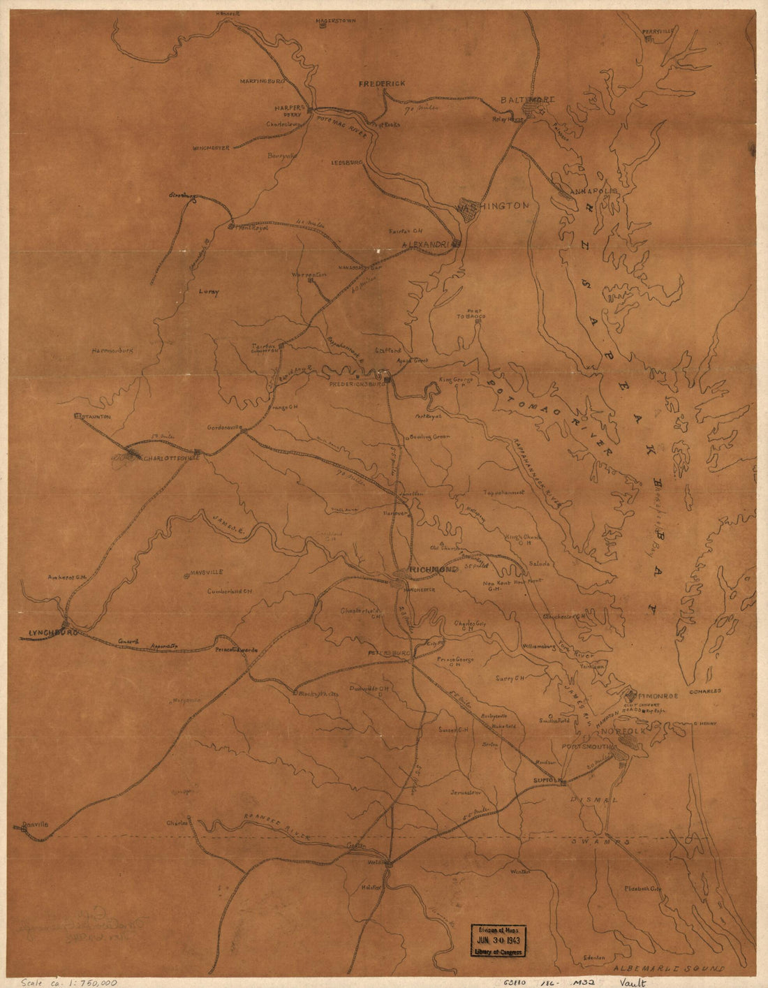 This old map of Map of Eastern Virginia and Parts of Maryland and Northern North Carolina Showing Railroads and Principal Cities and Towns from 1861 was created by in 1861