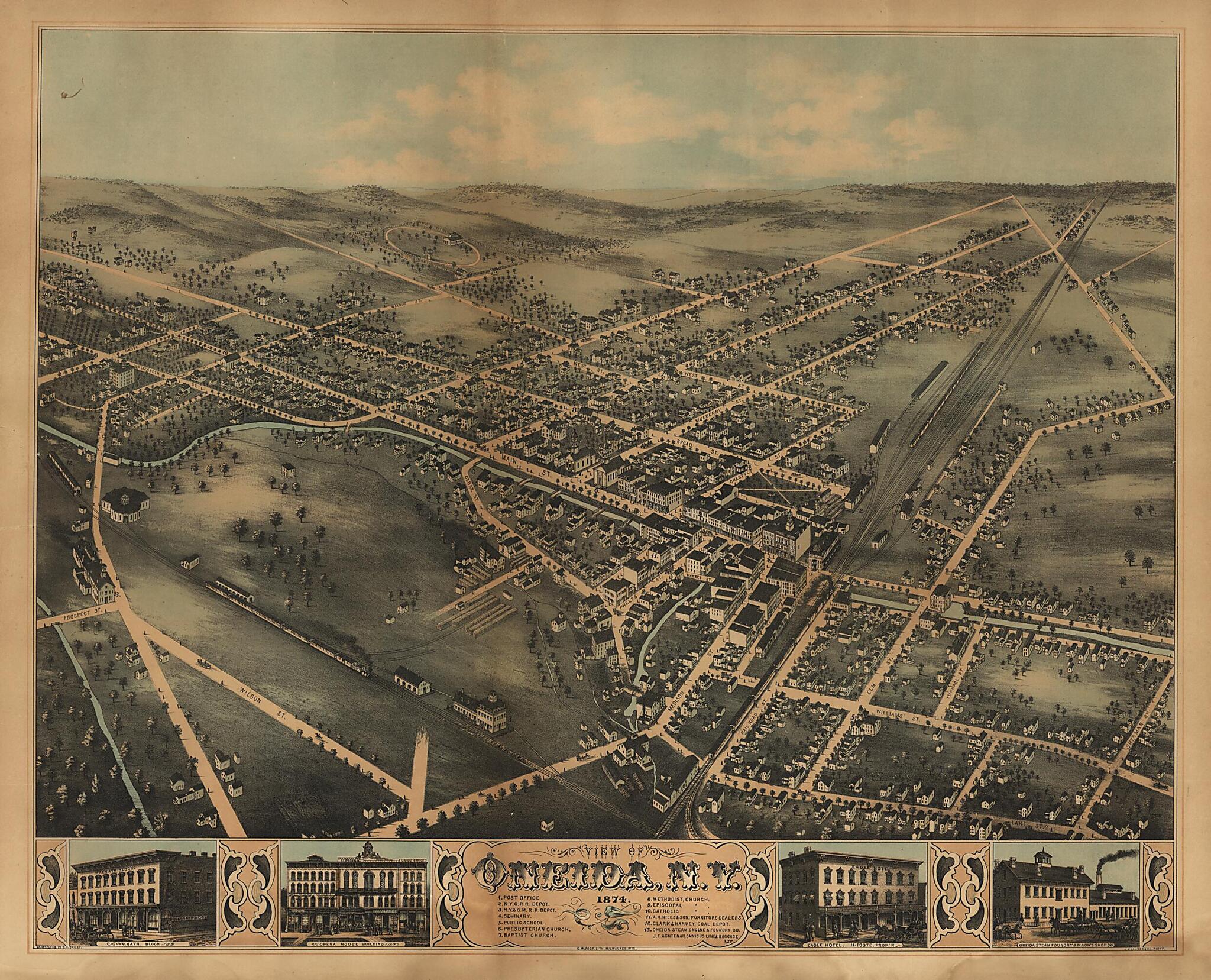 This old map of View of Oneida, New York : from 1874 was created by O. H. (Oakley Hoopes) Bailey, C.H. Vogt (Firm), J. Knauber & Co in 1874