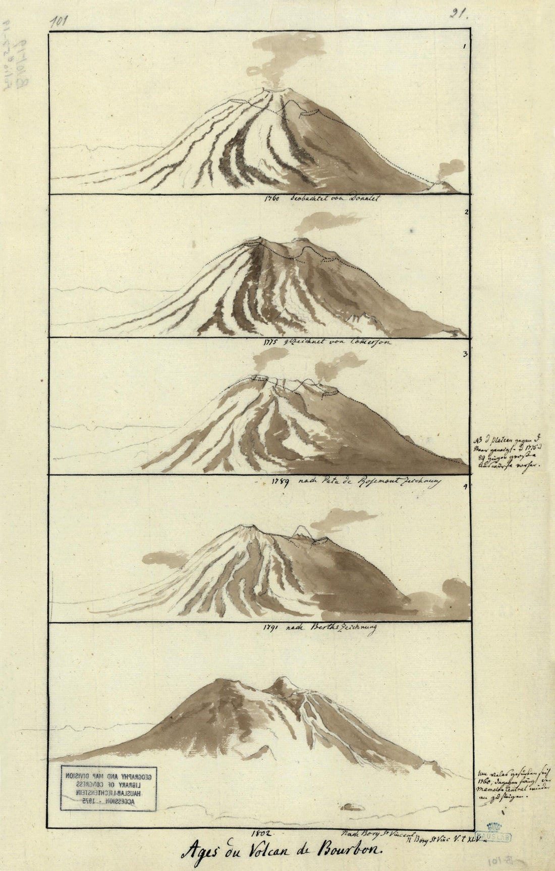 This old map of Ages Du Volcan De Bourbon from 1802 was created by (Jean Baptiste Geneviève Marcellin) Vincent in 1802