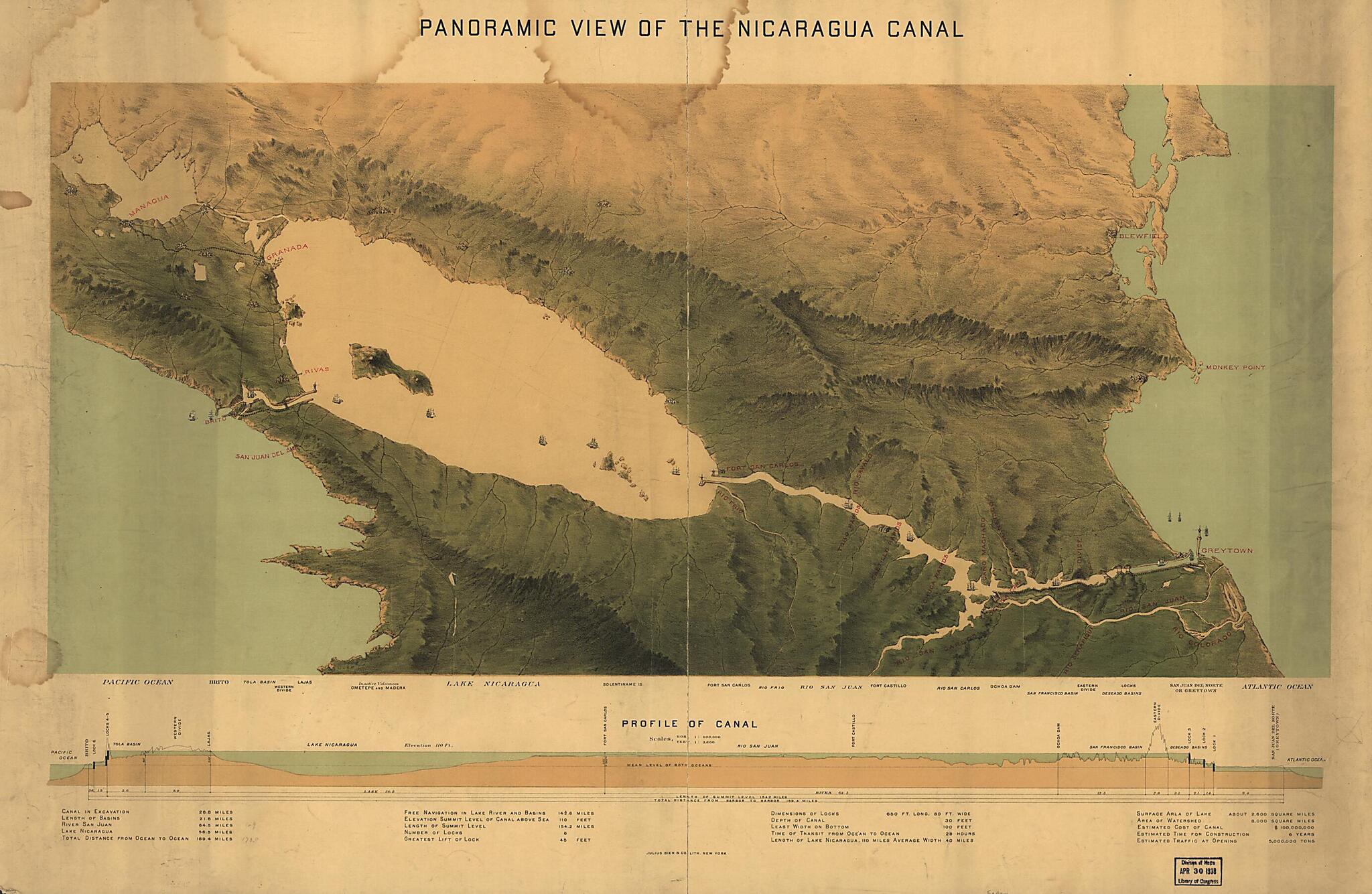 This old map of Panoramic View of the Nicaragua Canal from 1870 was created by Julius Bien & Co in 1870
