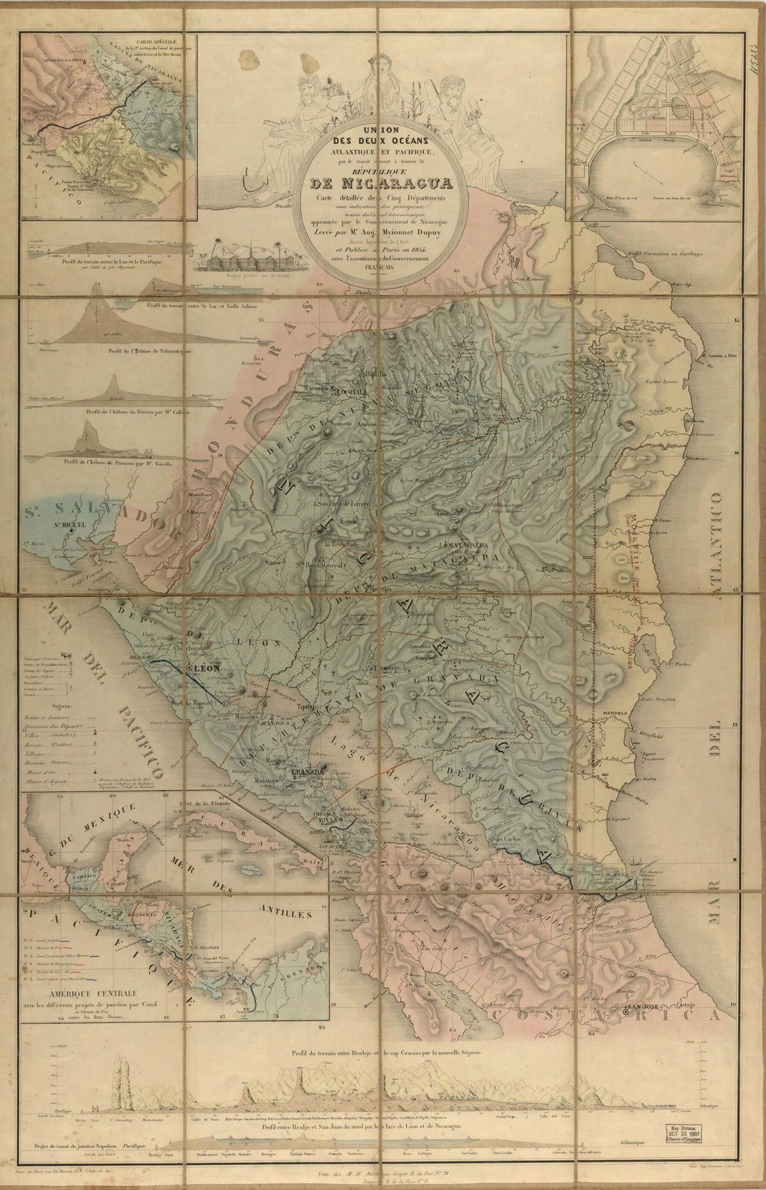 This old map of Union Des Deux Ocʹeans Atlantique Et Pacifique, Par Le Transit Ouvert à Travers La Rʹepublique De Nicaragua : Carte Dʹetaillʹee Des Cinq Dʹepartements Avec Indication Des Principaux Tracʹes Du Canal Interocʹeanique from 1855 was