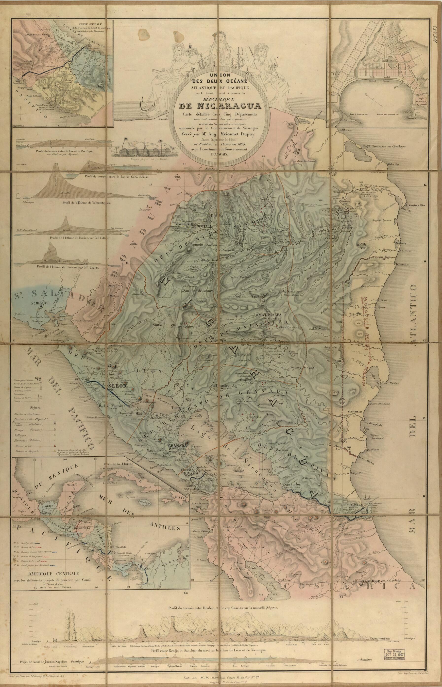 This old map of Union Des Deux Ocʹeans Atlantique Et Pacifique, Par Le Transit Ouvert à Travers La Rʹepublique De Nicaragua : Carte Dʹetaillʹee Des Cinq Dʹepartements Avec Indication Des Principaux Tracʹes Du Canal Interocʹeanique from 1855 was