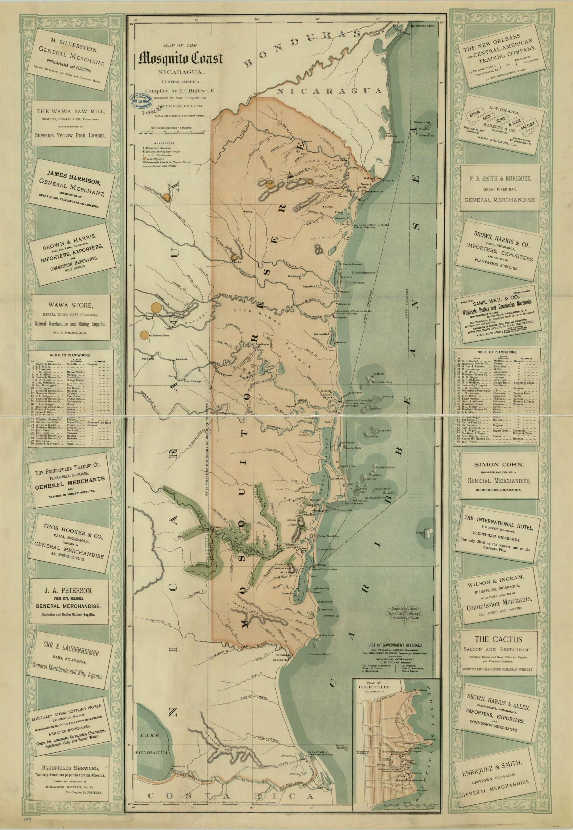 This old map of Map of the Mosquito Shore, Nicaragua, Central America from 1894 was created by G.W. & C.B. Colton & Co, H. G. (Henry Grant) Higley, Sam D. Spellman in 1894