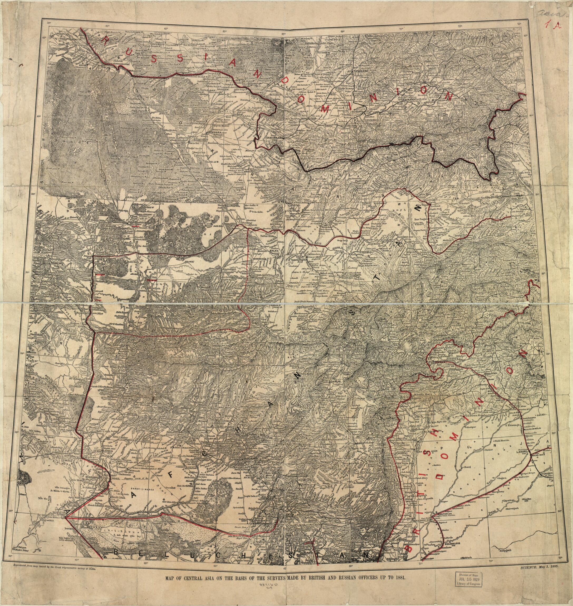 Map of Central Asia On the Basis of the Surveys Made by British and Russian Officers to 1881 by Relic Map Company