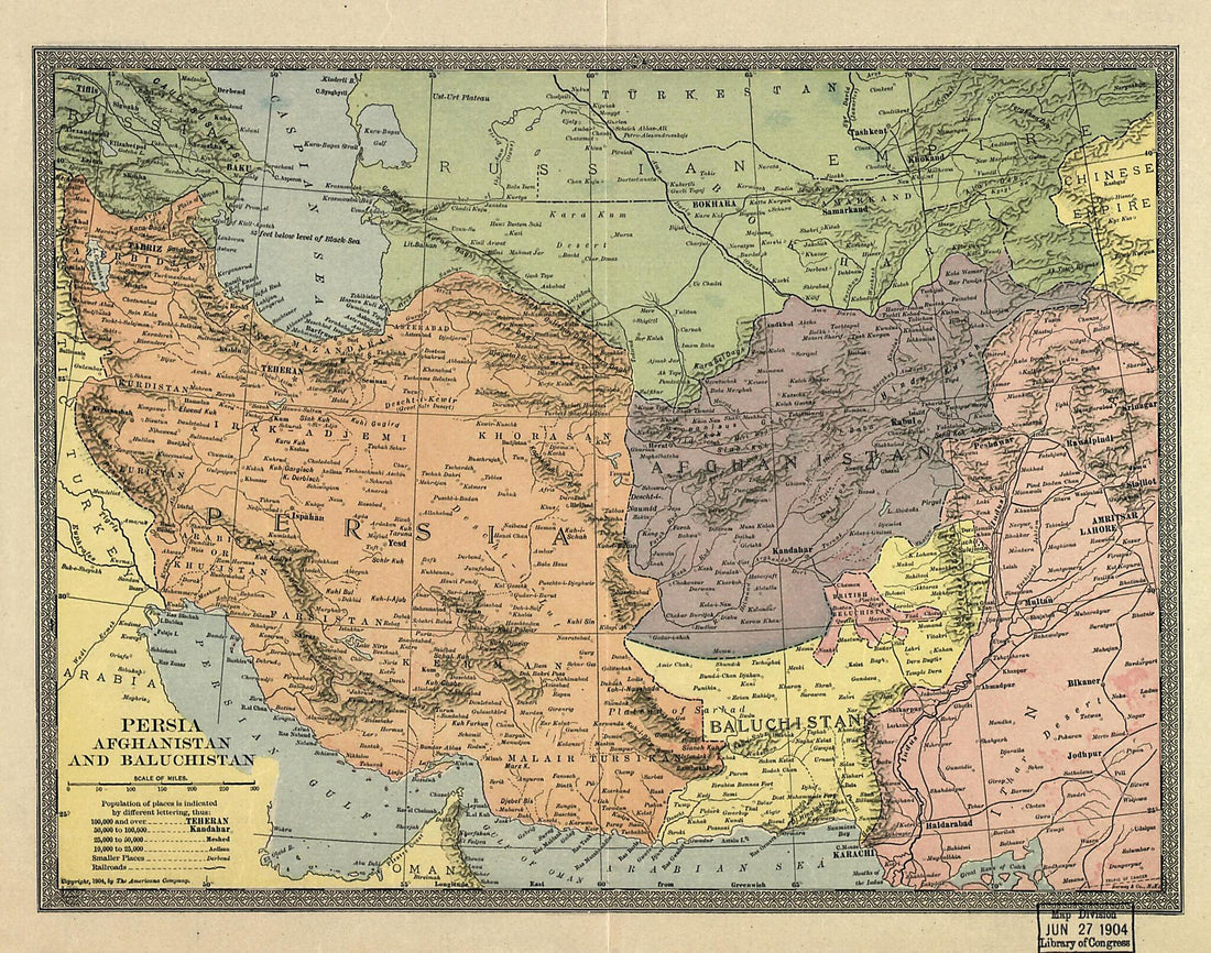 This old map of Persia, Afghanistan and Baluchistan from 1904 was created by Americana Company in 1904