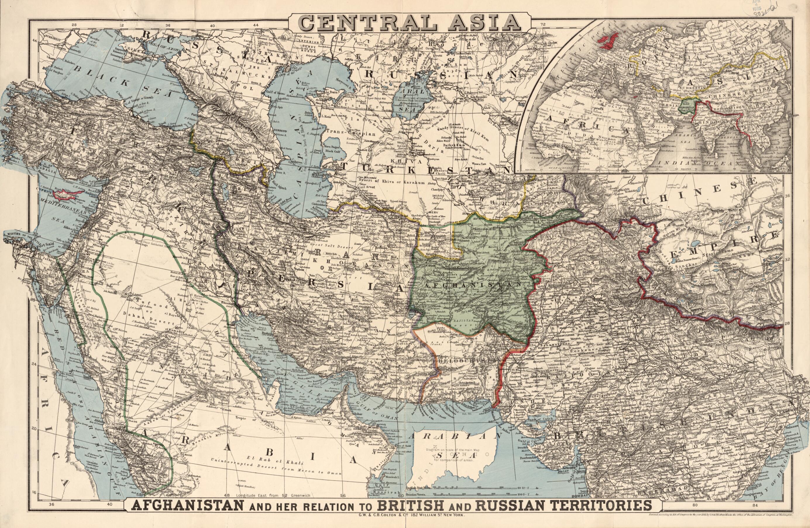 This old map of Central Asia : Afghanistan and Her Relation to British and Russian Territories from 1885 was created by G.W. & C.B. Colton & Co in 1885