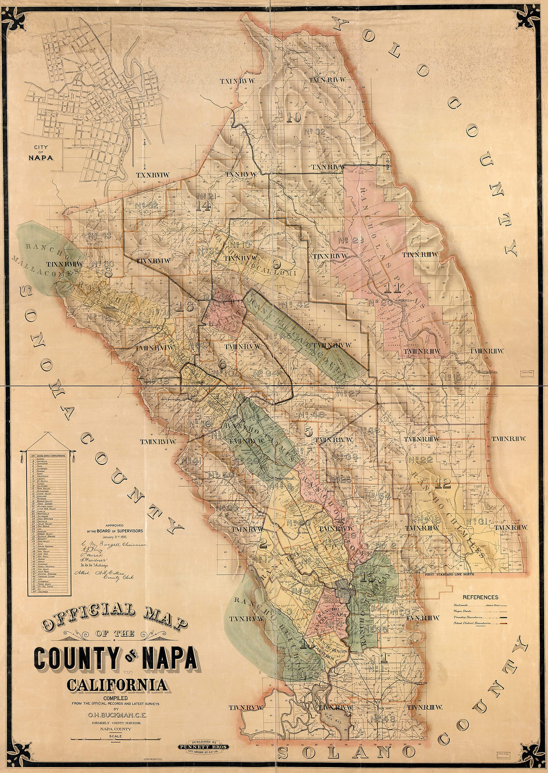 This old map of Official Map of the County of Napa, California : Compiled from the Official Records and Latest Surveys from 1895 was created by O. H. (Oliver H.) Buckman, Punnett Brothers in 1895