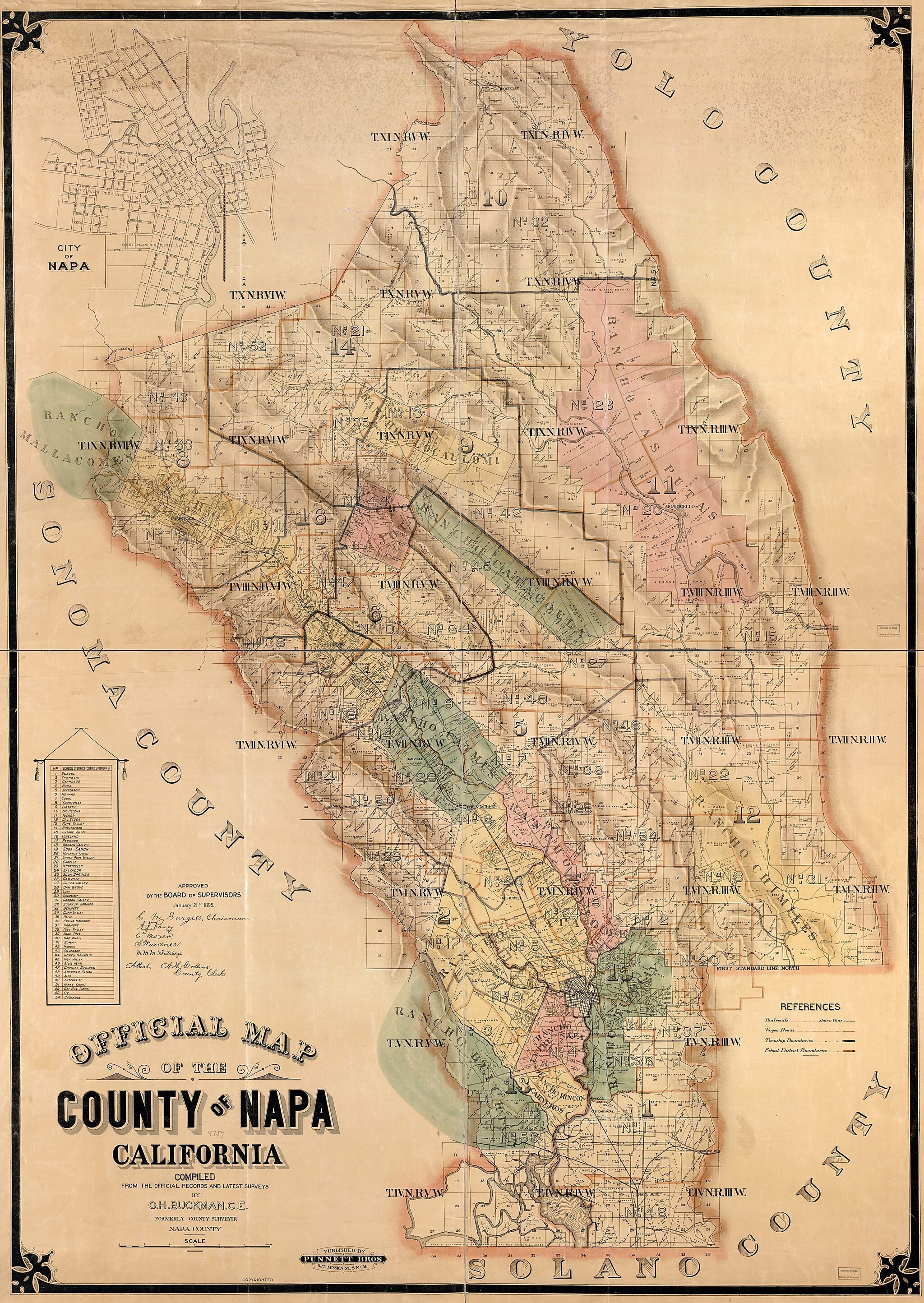 This old map of Official Map of the County of Napa, California : Compiled from the Official Records and Latest Surveys from 1895 was created by O. H. (Oliver H.) Buckman, Punnett Brothers in 1895