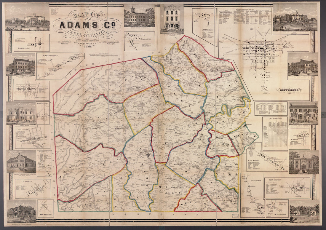 This old map of Map of Adams Co., Pennsylvania from 1858 was created by Griffith Morgan Hopkins, M.S. & E. Converse Publishers, Robert Pearsall Smith in 1858