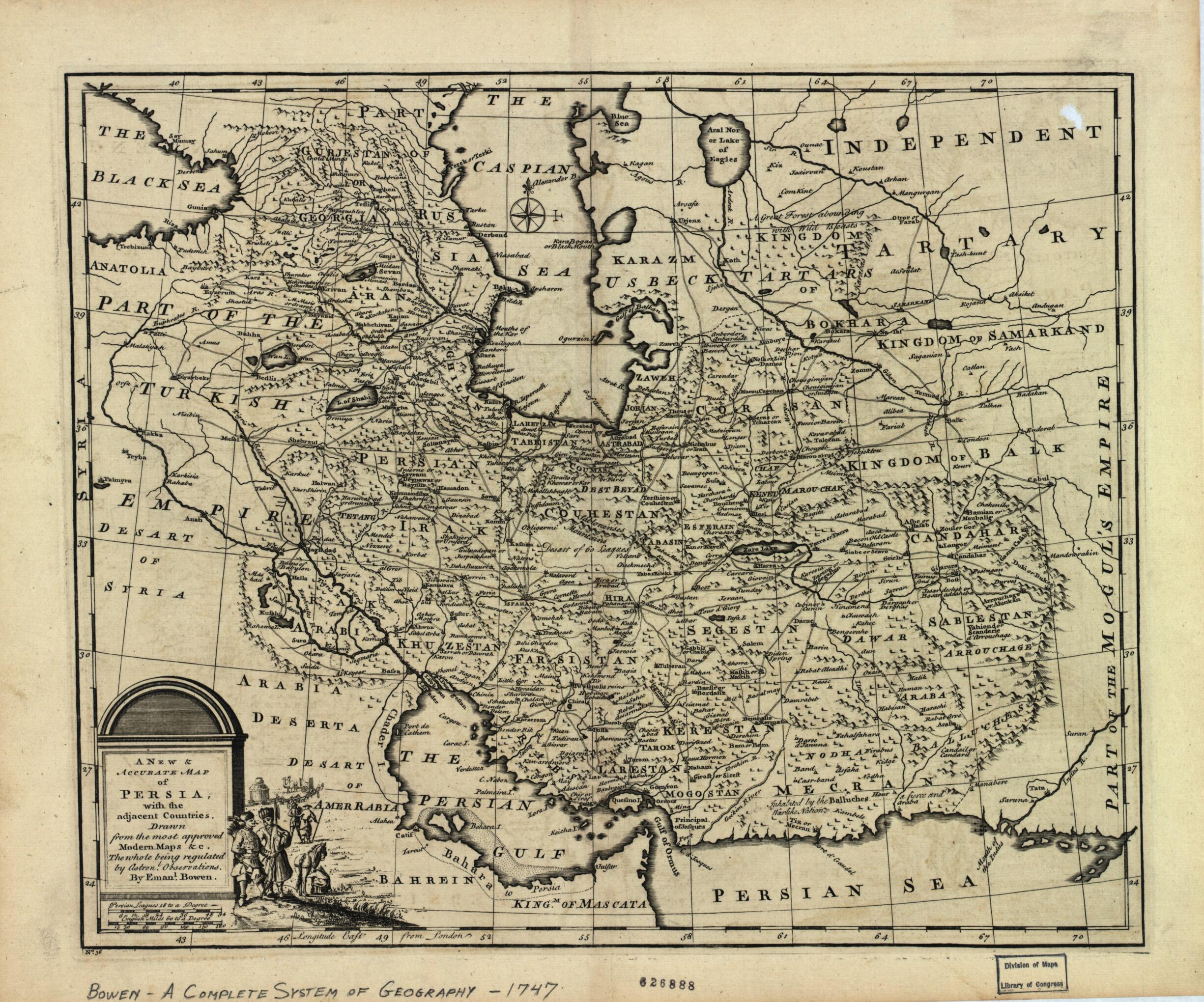This old map of A New & Accurate Map of Persia, With the Adjacent Countries : Drawn from the Most Approved Modern Maps &c, the Whole Being Regulated by Astronl. Observations (New and Accurate Map of Persia, With the Adjacent Countries) from 1747 was crea