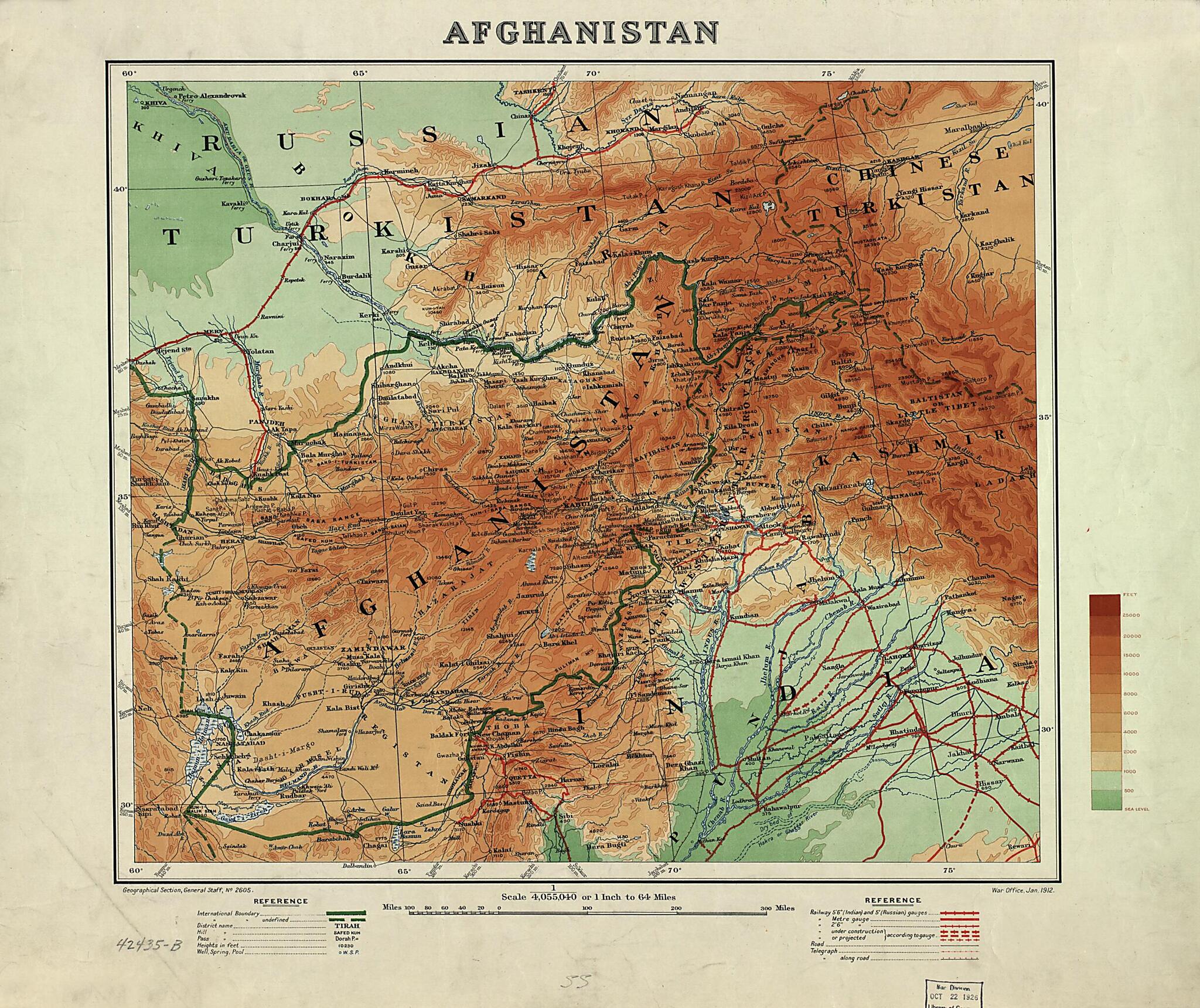 This old map of Afghanistan from 1912 was created by Great Britain. War Office. General Staff. Geographical Section in 1912