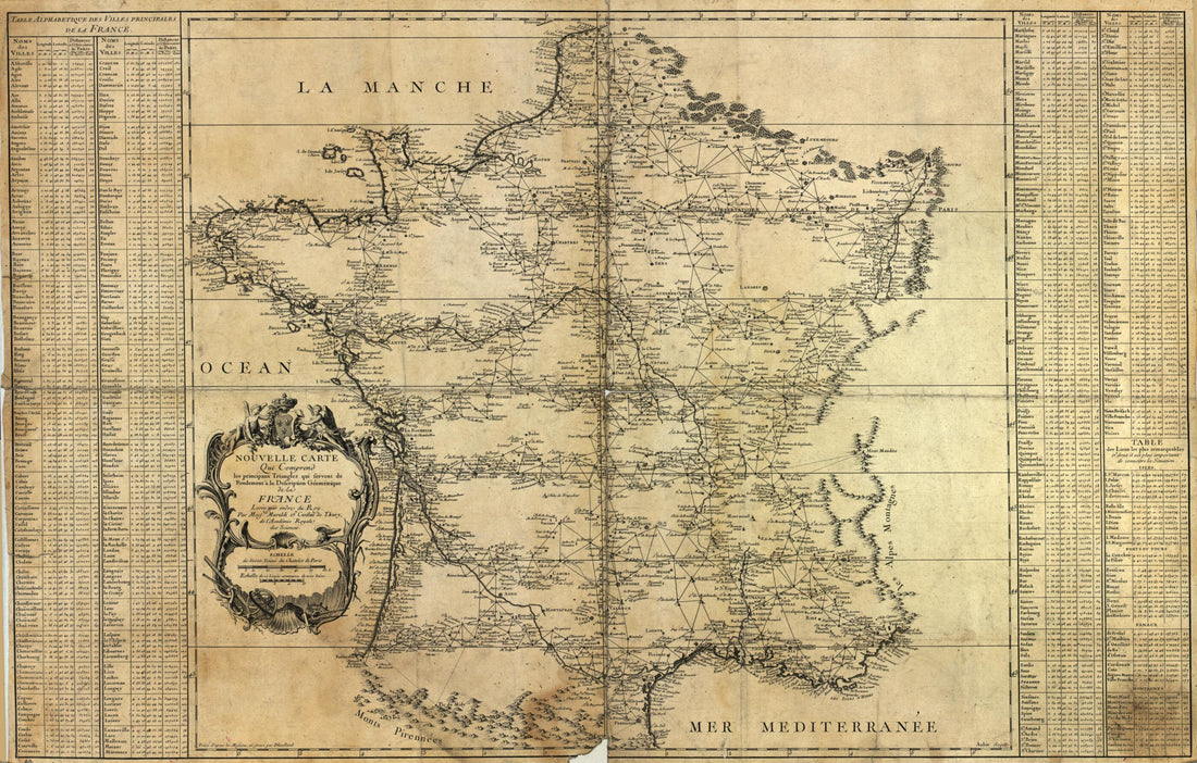 This old map of Nouvelle Carte Qui Comprend Les Principaux Triangles Qui Servent De Fondement à La Description Géométrique De La France from 1744 was created by Aubin, François, Guillaume D Heulland, J. D. (Jean Dominique) Maraldi in 1744