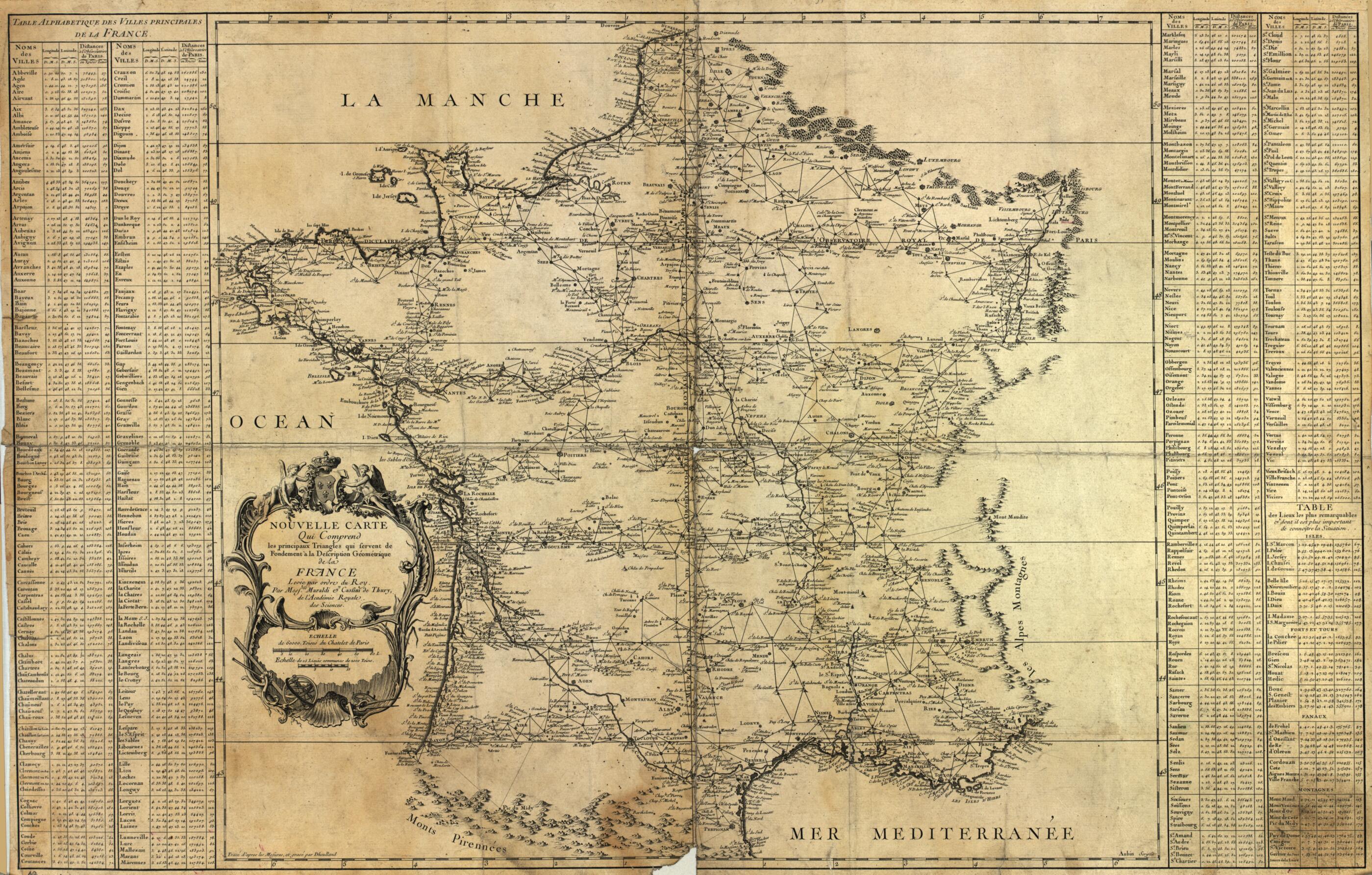This old map of Nouvelle Carte Qui Comprend Les Principaux Triangles Qui Servent De Fondement à La Description Géométrique De La France from 1744 was created by Aubin, François, Guillaume D Heulland, J. D. (Jean Dominique) Maraldi in 1744