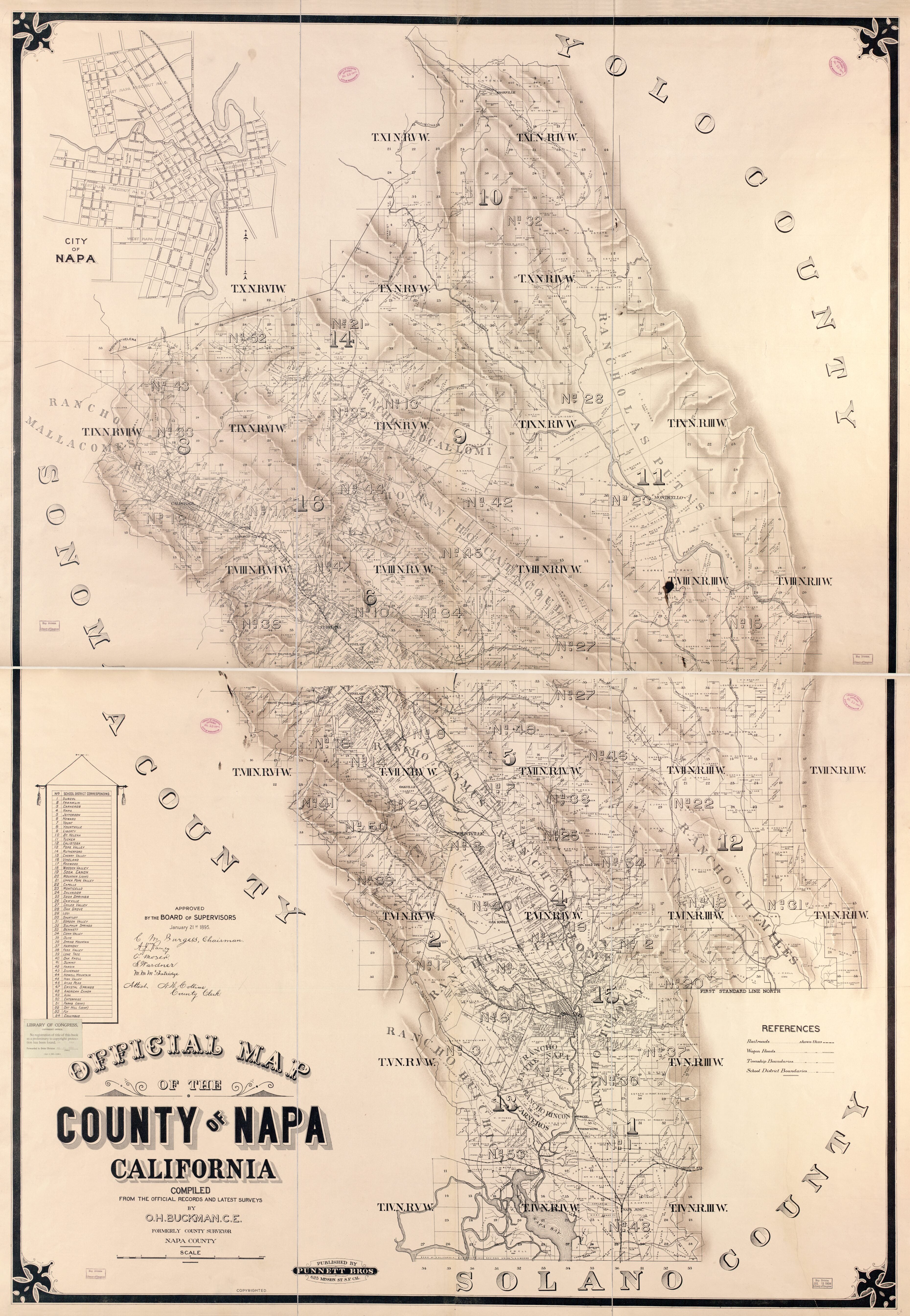 This old map of Official Map of the County of Napa, California : Compiled from the Official Records and Latest Surveys from 1895 was created by O. H. (Oliver H.) Buckman,  Punnett Brothers in 1895