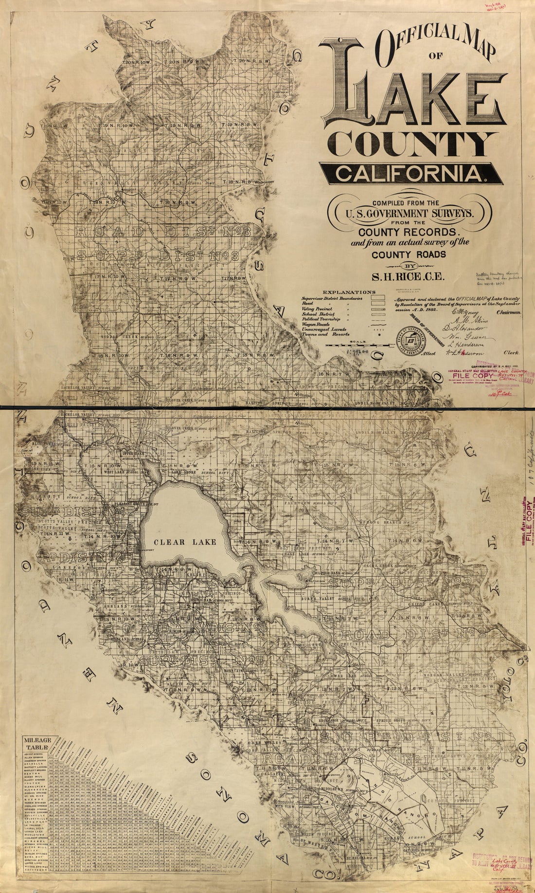 This old map of Official Map of Lake County, California. : Compiled from the U.S. Government Surveys, from the County Records, and from an Actual Survey of the County Roads from 1892 was created by Britton & Rey, S. H. Rice in 1892