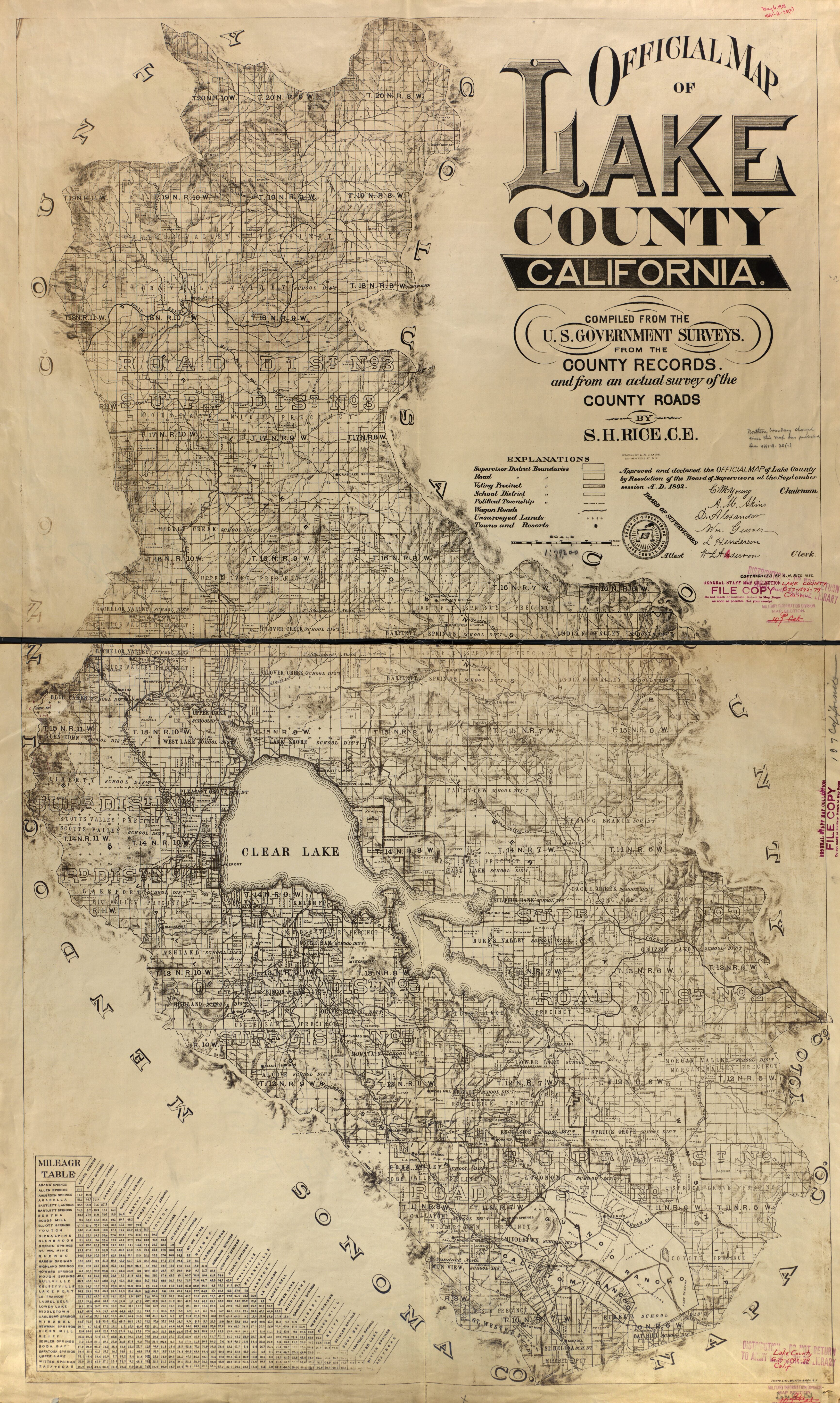 This old map of Official Map of Lake County, California. : Compiled from the U.S. Government Surveys, from the County Records, and from an Actual Survey of the County Roads from 1892 was created by Britton & Rey, S. H. Rice in 1892