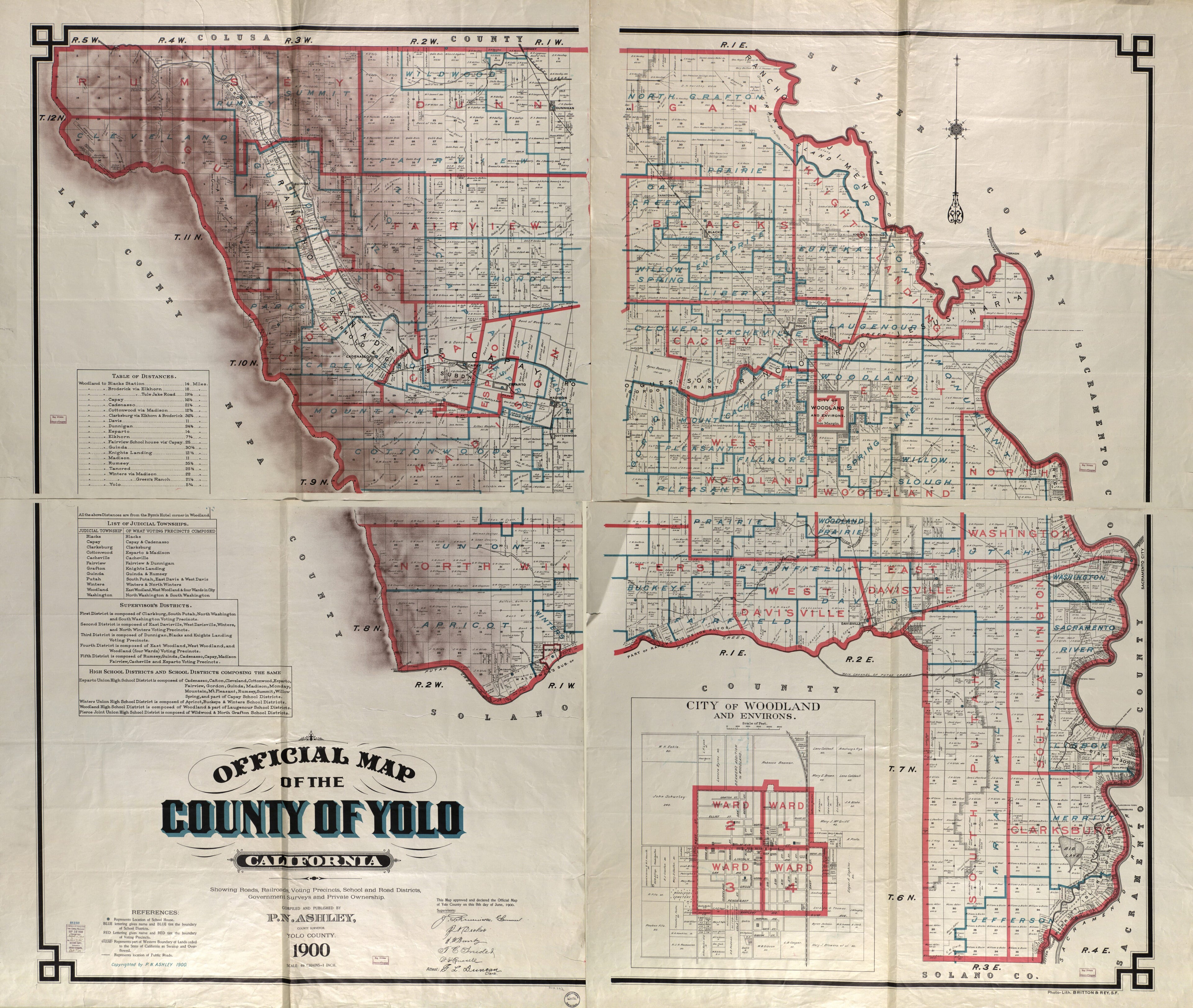 This old map of Official Map of the County of Yolo, California from 1900 was created by P. N. (Pallas N.) Ashley, Britton & Rey, Yolo County (Calif.). Board of Supervisors in 1900
