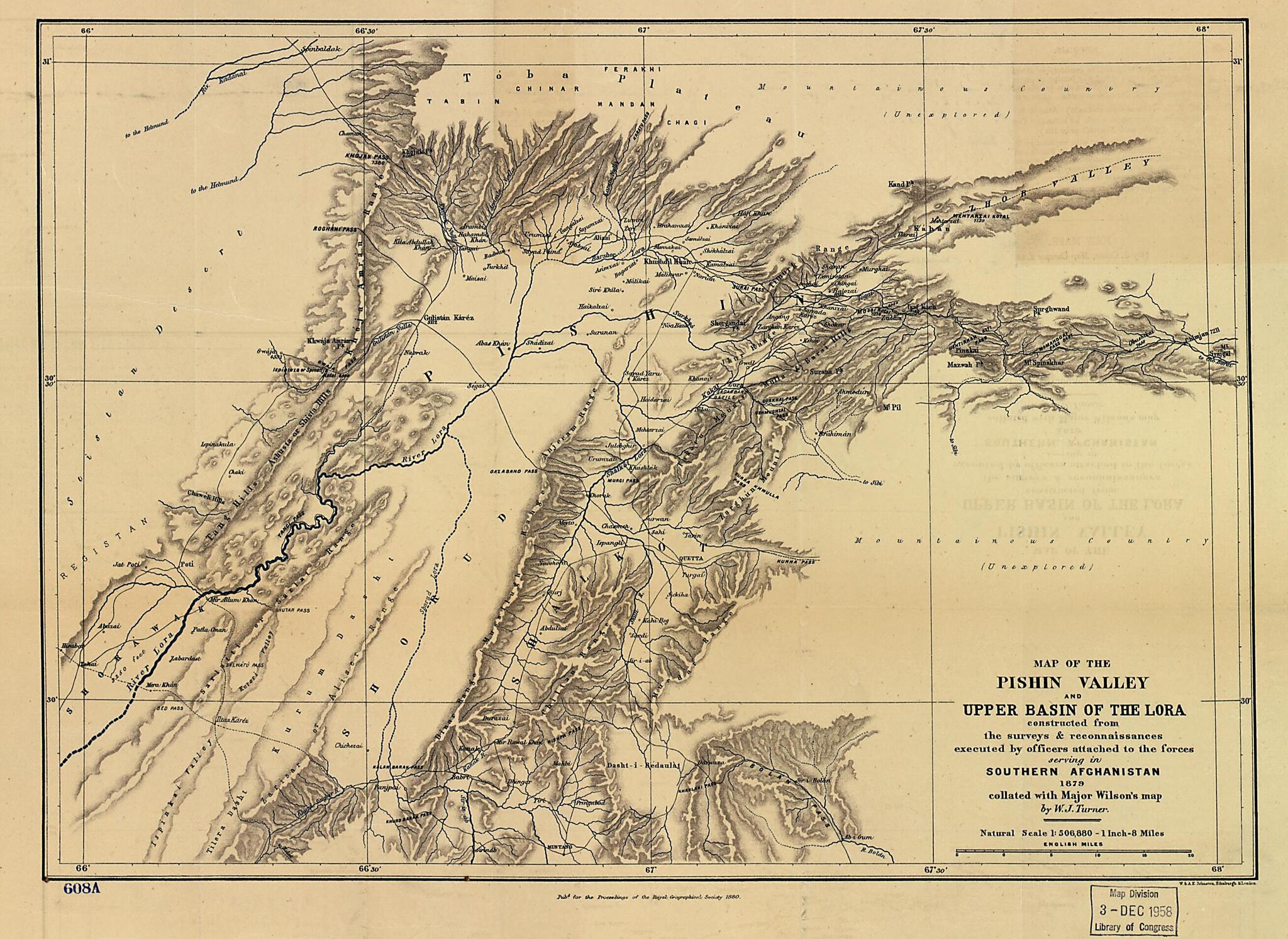 This old map of Map of the Pishin Valley and the Upper Basin of the Lora : Constructed from the Surveys & Reconnaissances Executed by Officers Attached to the Forces Serving In Southern Afghanistan from 1880 was created by W. J. (William John) Turner in