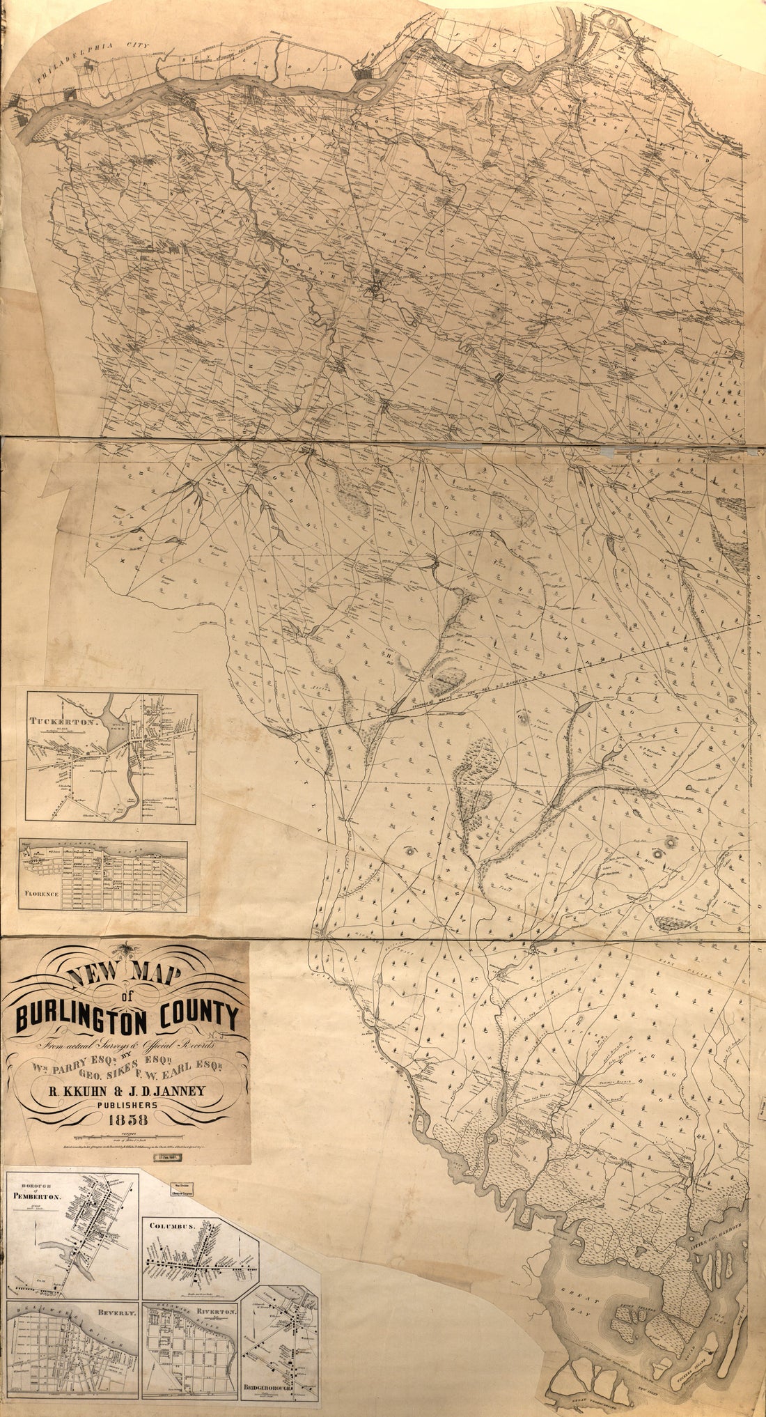 This old map of New Map of Burlington County : from Actual Surveys & Official Records from 1858 was created by F. W. Earl, William Parry, R.K. Kuhn & J.D. Janney (Firm), George Sykes in 1858
