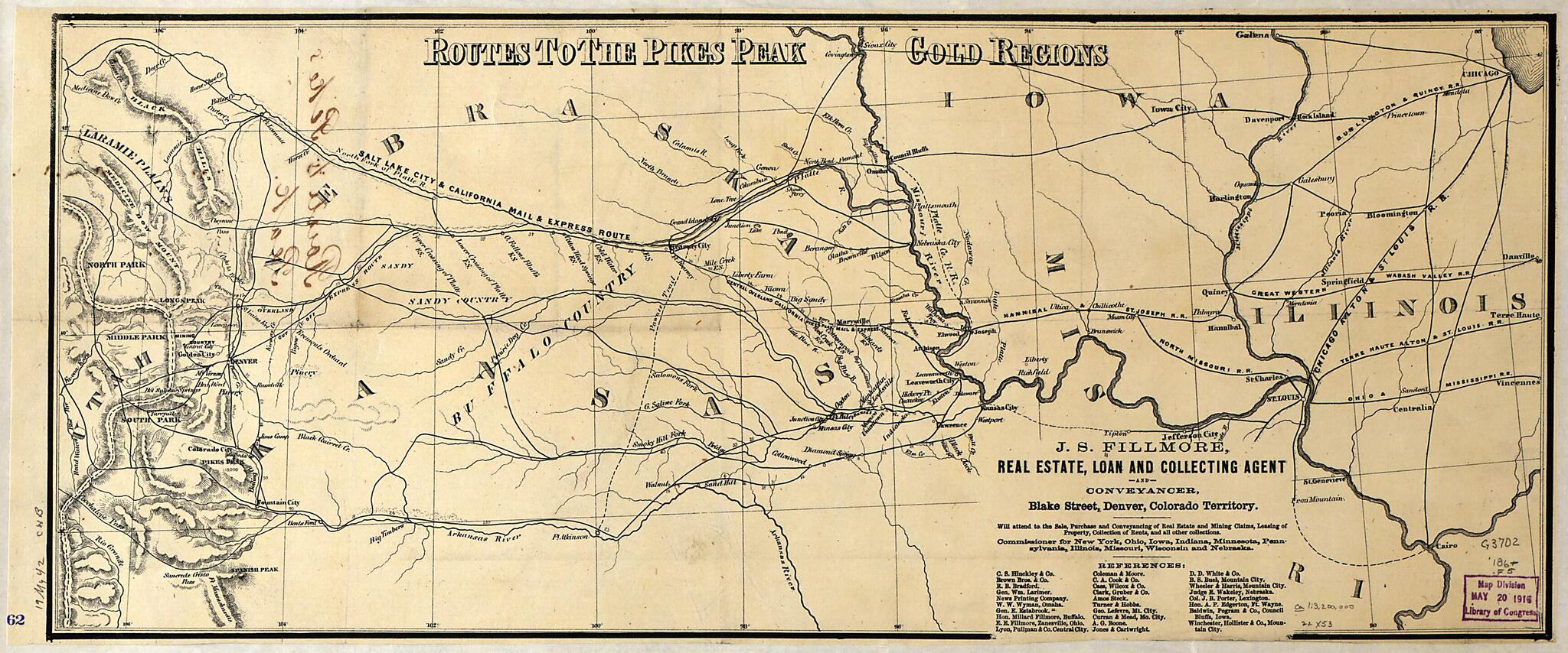 This old map of Routes to the Pikes Peak Gold Regions from 1860 was created by in 1860