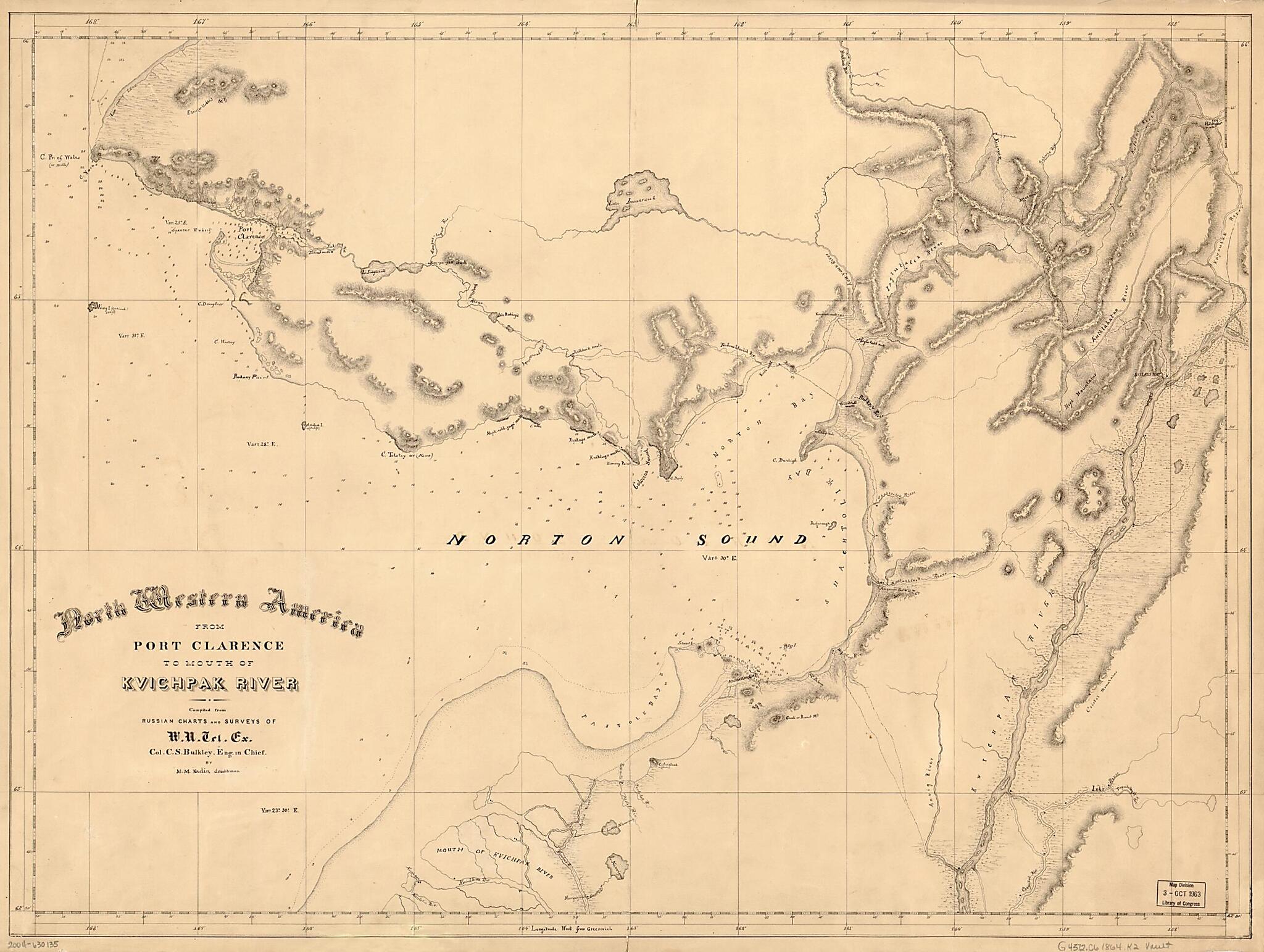 This old map of North Western America, from Port Clarence to Mouth of Kvichpak sic River (Northwestern America, from Port Clarence to Mouth of Kvichpak sic River) from 1864 was created by M. M. Kadin, Western Union Telegraph Expedition in 1864