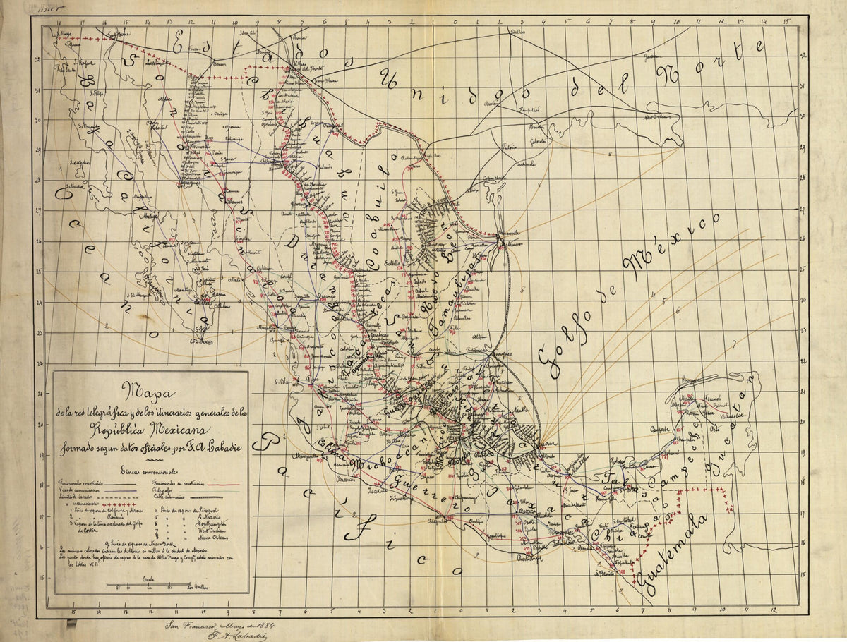 Mapa De La Red Telegráfica Y De Los Itinerarios Generales De La República Mexicana : Formado Segun Datos Officiales 1884 by Relic Map Company