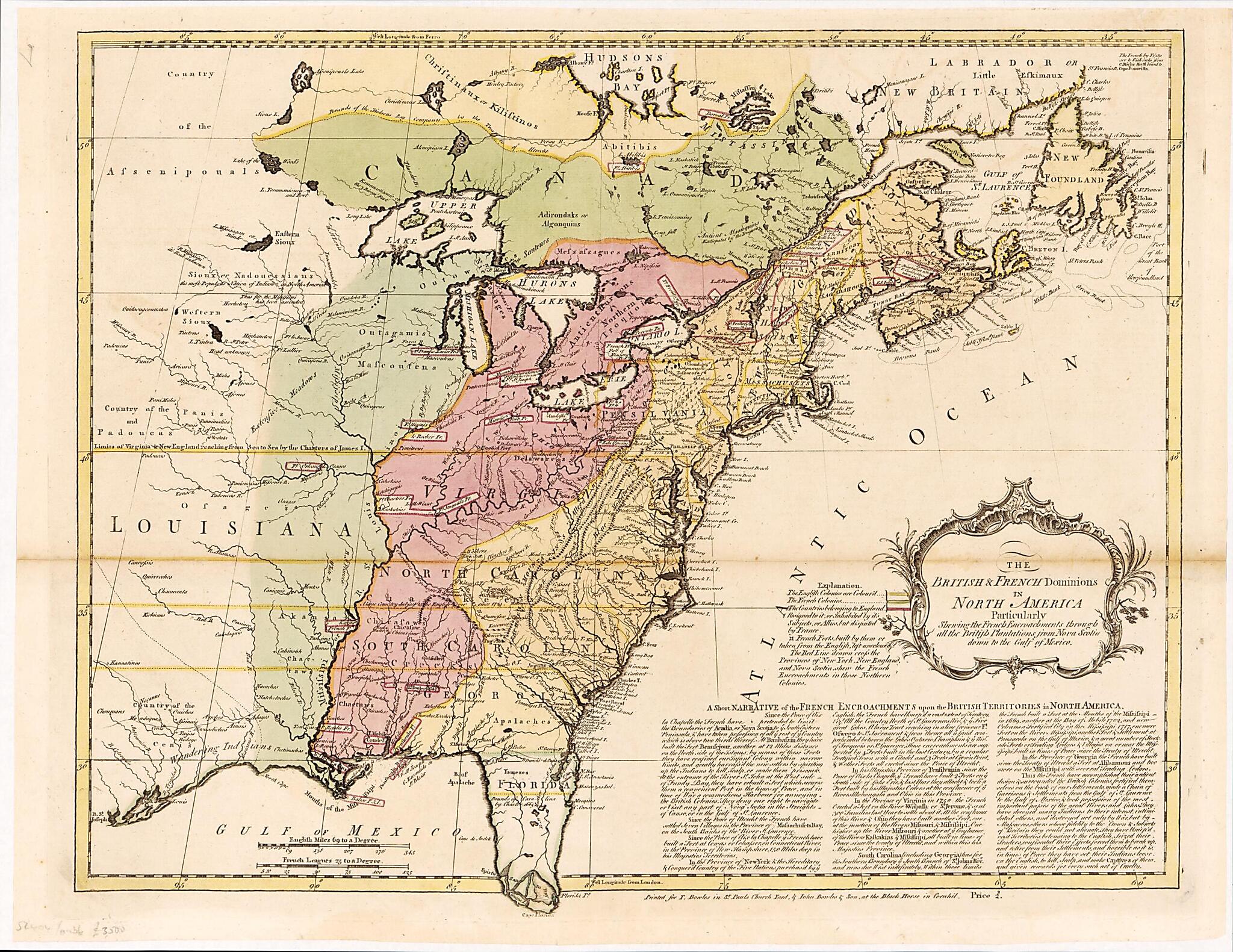 This old map of The British & French Dominions In North America : Particularly Shewing the French Encroachments Through All the British Plantations from Nova Scotia Down to the Gulf of Mexico. (British and French Dominions In North America) from 1758 was