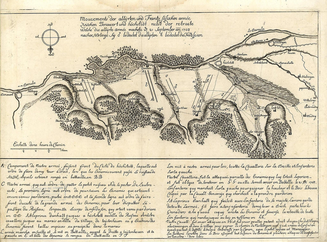 This old map of Mouvements Der Allÿrten Und Frantz Sösischen Armée Zvischen Donawert Und Höchstedt Nebst Der Retraite Welche Die Allÿrte Armée Machete ? 21 September an from 1703 Nacher Nörlinge Sig ? Bedeutet Die Allÿrten ? Bedeitet Die Frantz S