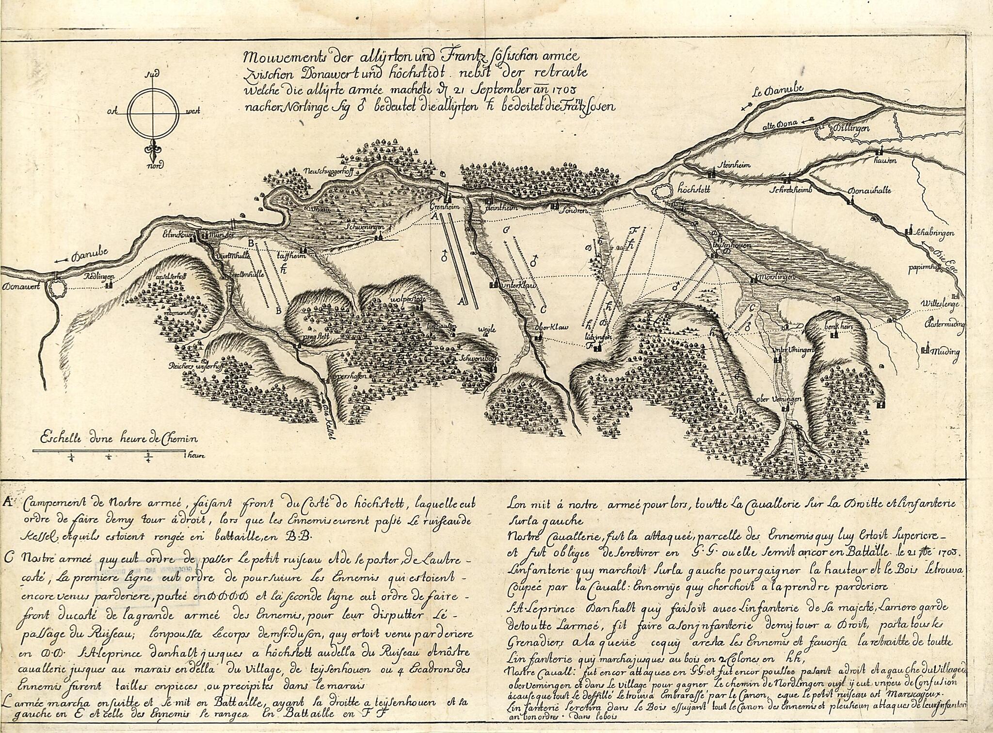 This old map of Mouvements Der Allÿrten Und Frantz Sösischen Armée Zvischen Donawert Und Höchstedt Nebst Der Retraite Welche Die Allÿrte Armée Machete ? 21 September an from 1703 Nacher Nörlinge Sig ? Bedeutet Die Allÿrten ? Bedeitet Die Frantz S