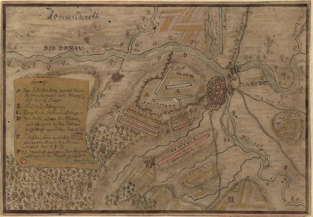 This old map of Map Showing Battle Lines In Vicinity of Donauwörth, Germany from 1704 was created by in 1704