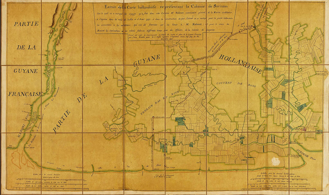This old map of Extrait De La Carte Hollandise Representant La Colonie De Surinam : Sur Le Quel On a Marque Les Voyages Qu&