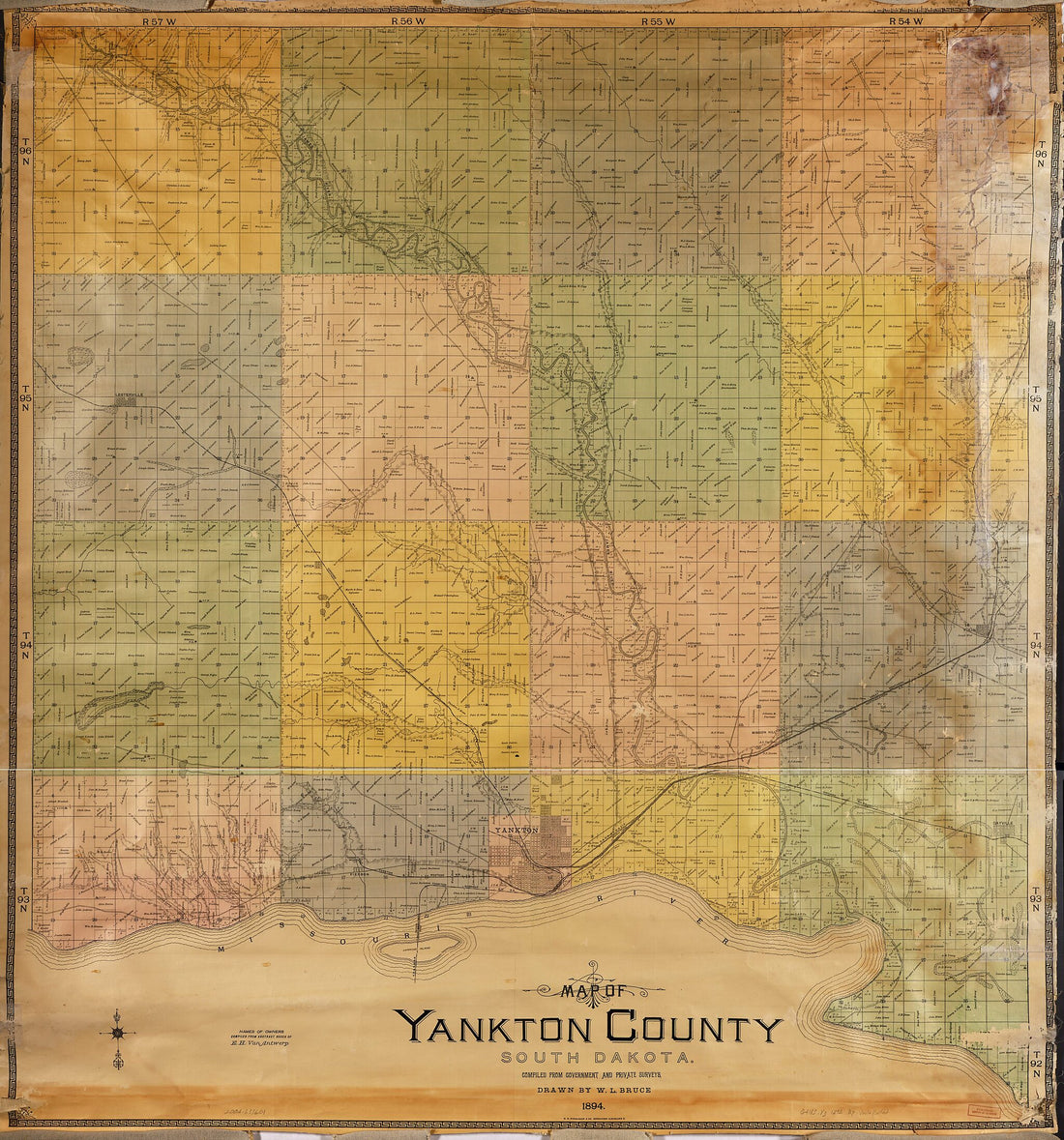This old map of Map of Yankton County, South Dakota : Compiled from Government and Private Surveys from 1894 was created by W. L. Bruce, H.B. Stranahan & Co in 1894