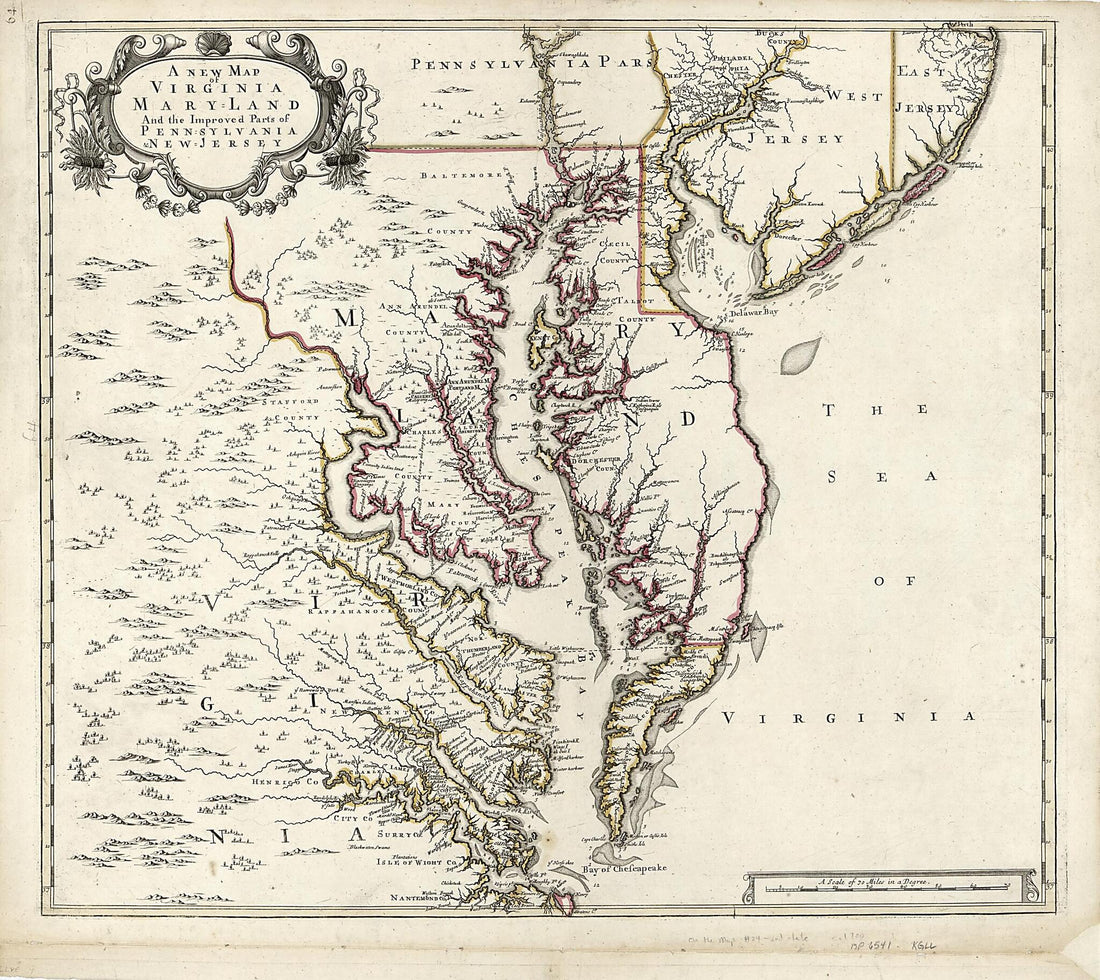This old map of A New Map of Virginia, Maryland, and the Improved Parts of Pennsylvania & New Jersey from 1700 was created by Christopher Browne in 1700