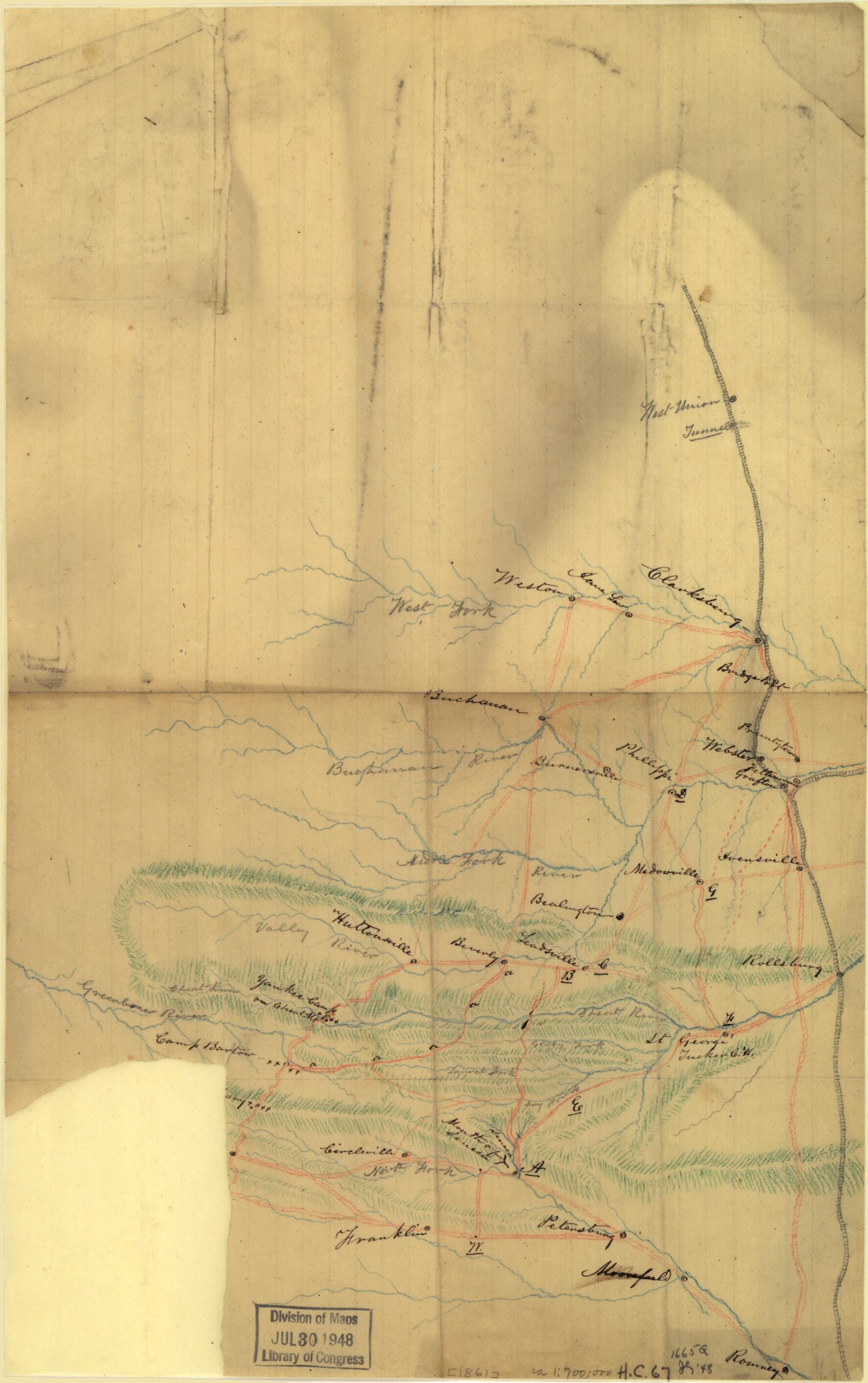 This old map of Map of Part of Eastern West Virginia, Extending from Romney Westward to Clarksburg, Centering On the Rich Mountain Battle Area from 1861 was created by in 1861